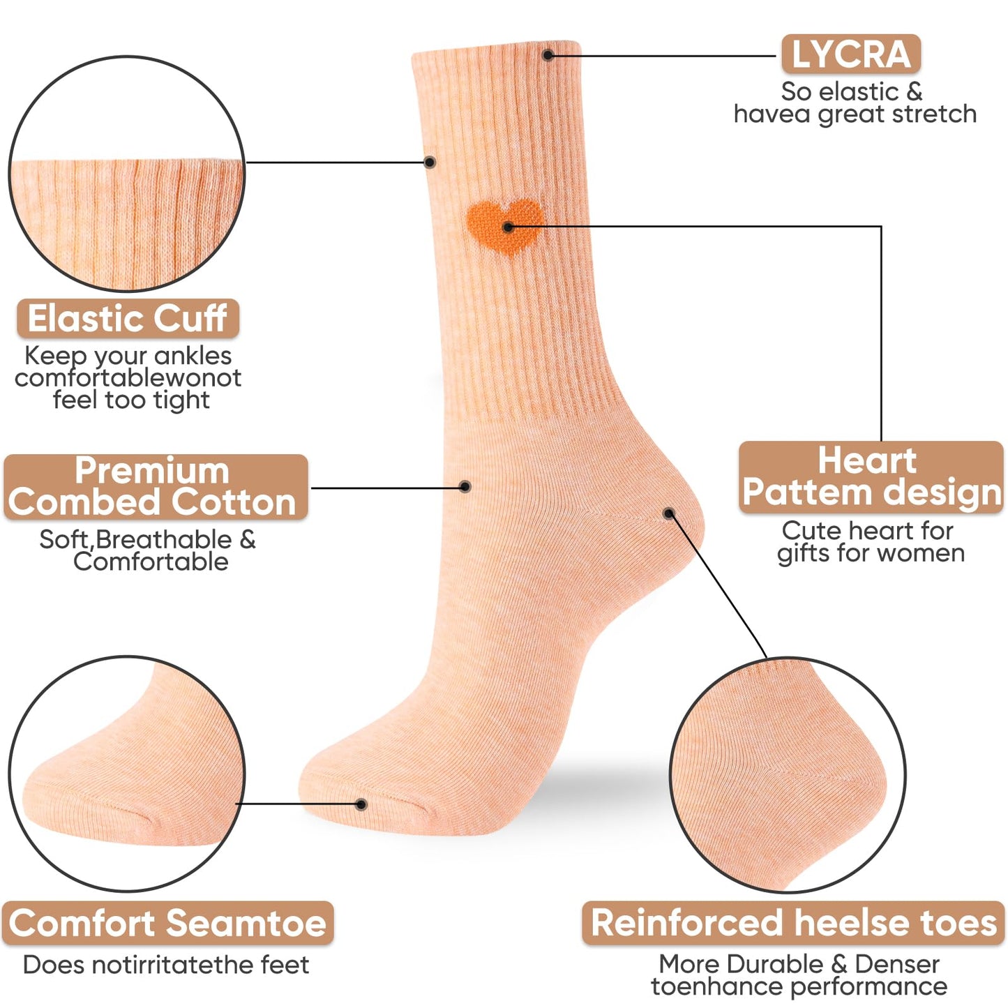 Corlap Women's Crew Calf Cotton Socks Long Fun Cute Heart Soft Dress Socks,Above Ankle High Casual Socks(5Pairs Gifts Box)