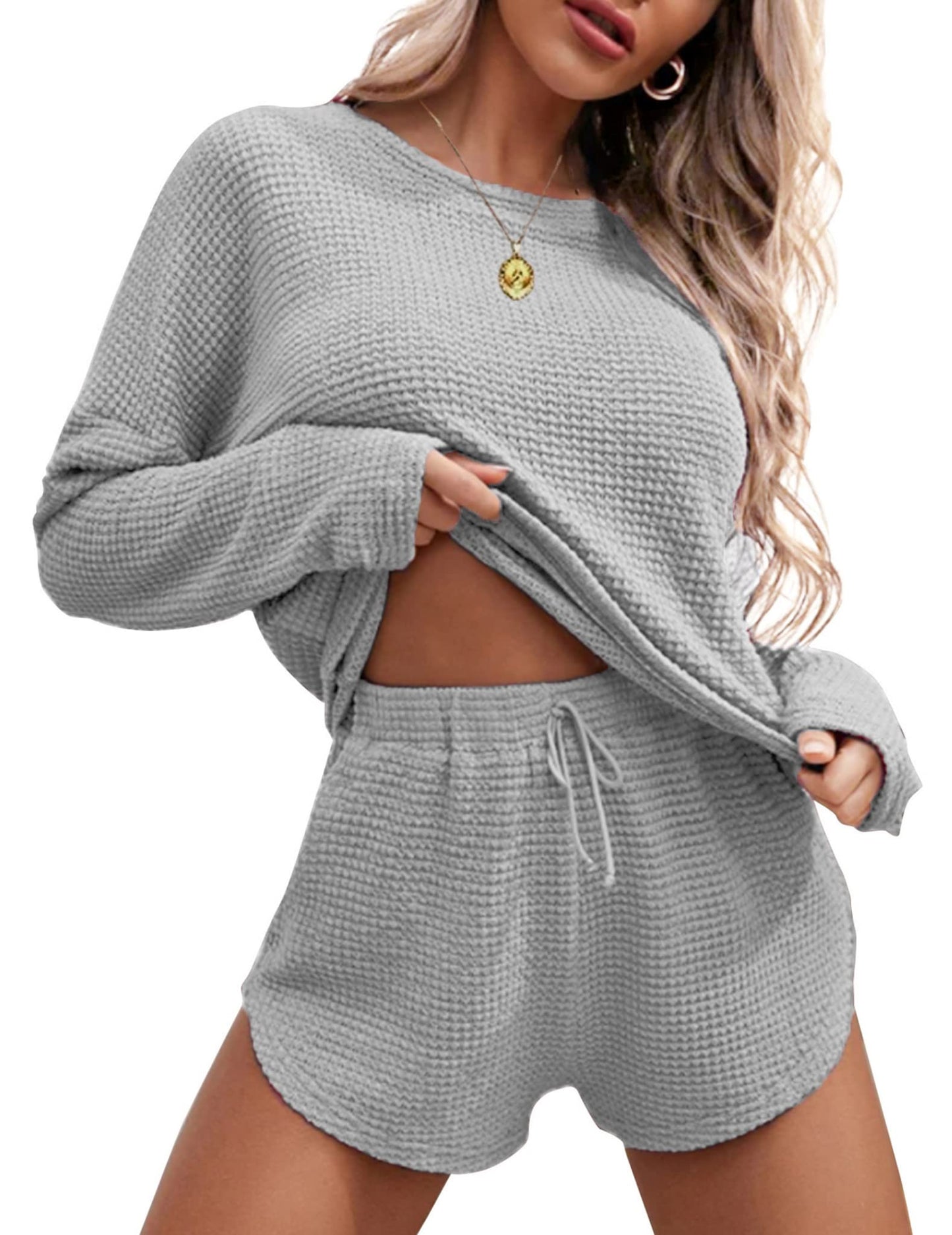 Ekouaer Womens Waffle Knit Pajama Sets Long Sleeve Top and Shorts Matching Lounge Set Loungewear Sweatsuit with Pockets