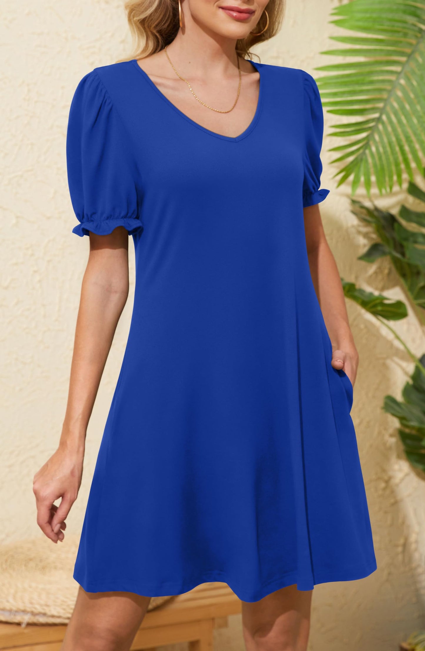 Women's Casual Dresses Puff Short Sleeve V-Neck Cocktail Dress with Pockets