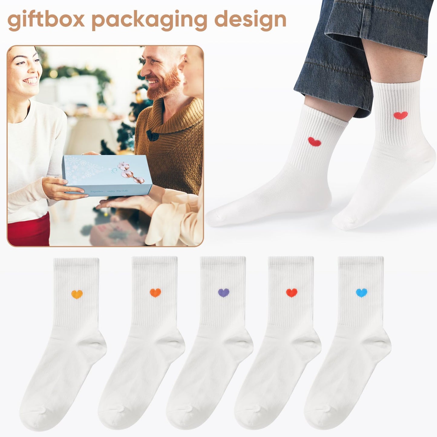 Corlap Women's Crew Calf Cotton Socks Long Fun Cute Heart Soft Dress Socks,Above Ankle High Casual Socks(5Pairs Gifts Box)