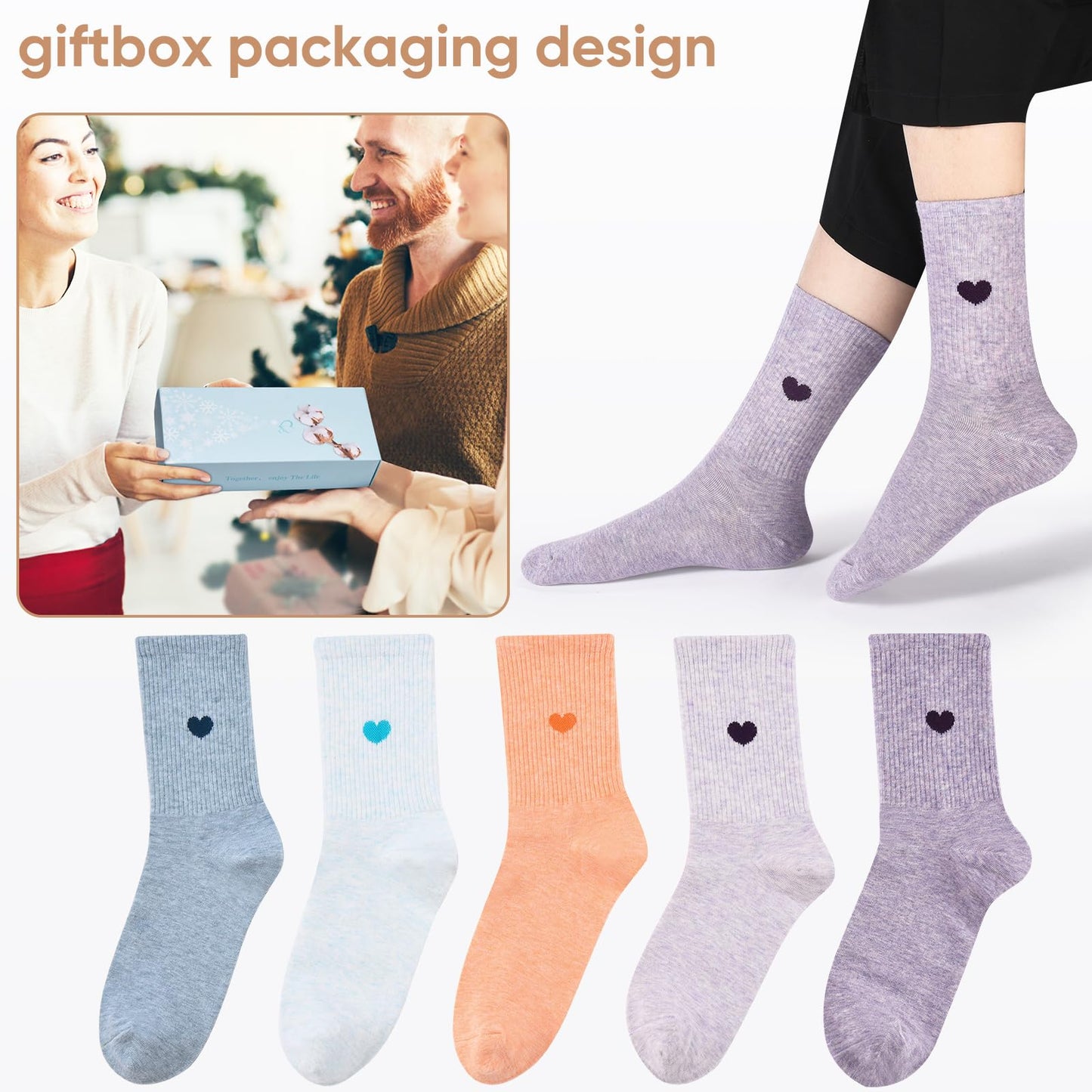 Corlap Women's Crew Calf Cotton Socks Long Fun Cute Heart Soft Dress Socks,Above Ankle High Casual Socks(5Pairs Gifts Box)