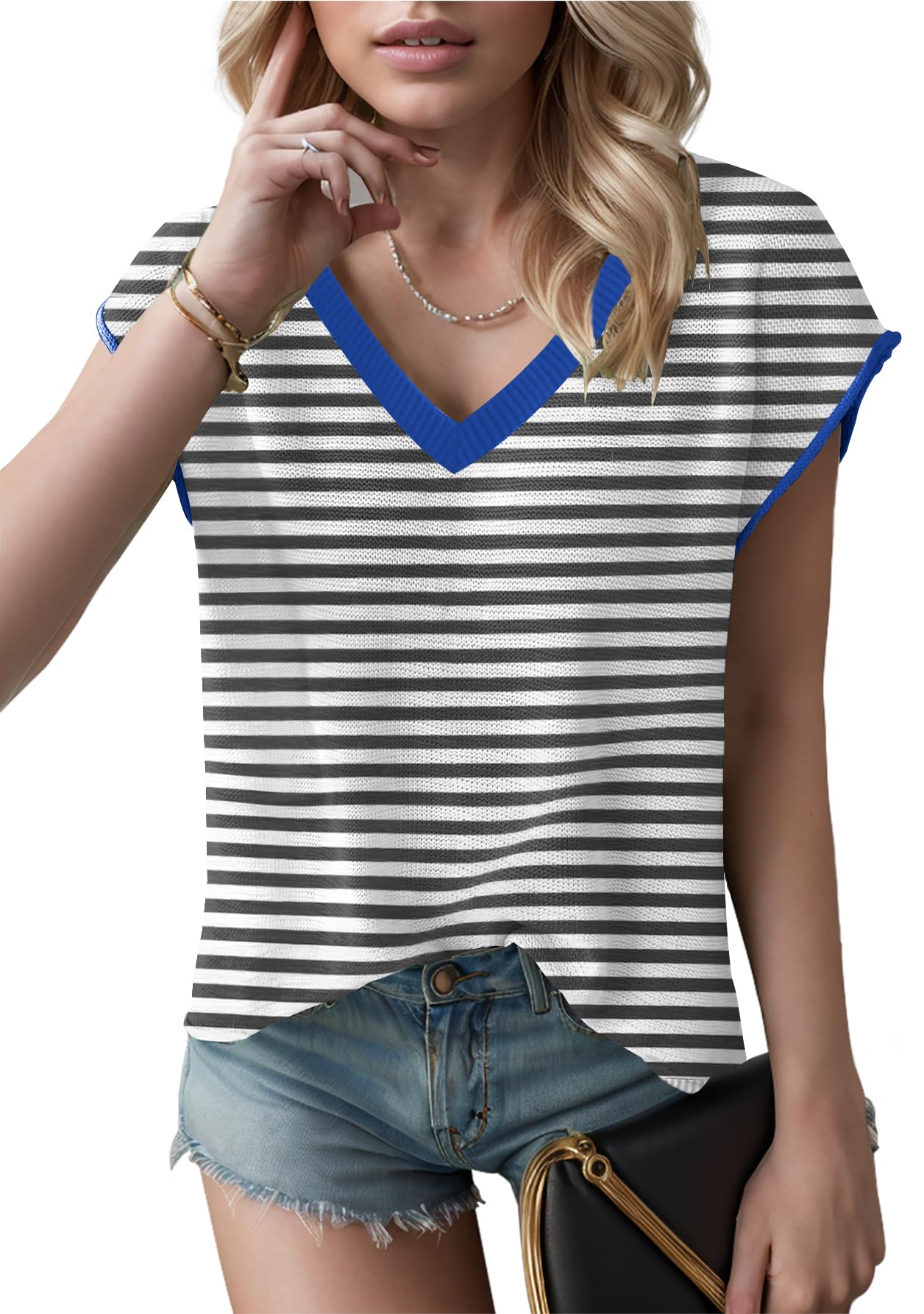 SAUKOLE Women's Sleeveless Sweater Vest Casual V Neck Cap Sleeve Knit Pullover Tank Tops 2024 Spring Clothes