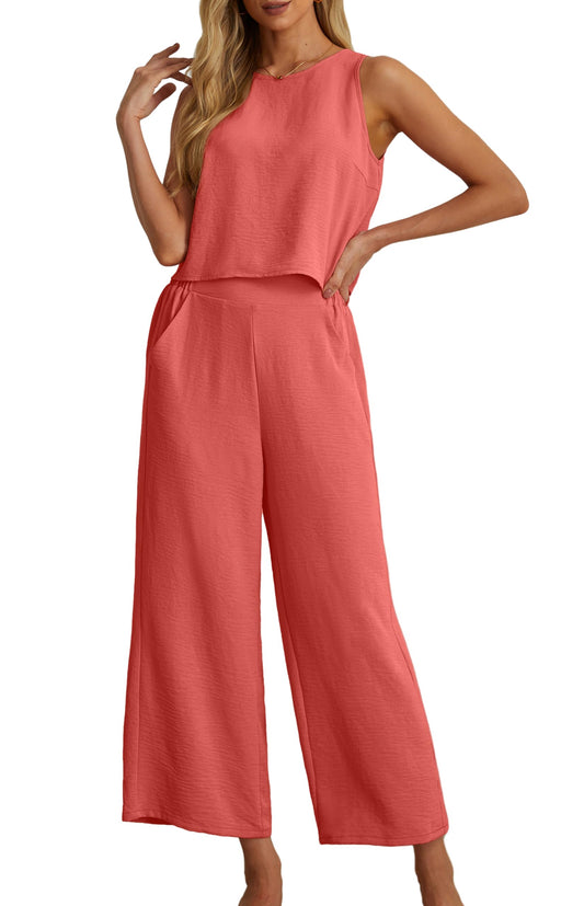 IWOLLENCE Women's Summer 2 Piece Outfits Set Round neck Sleeveless Tank Crop Top Wide Leg pants Set Pockets Jumpsuits