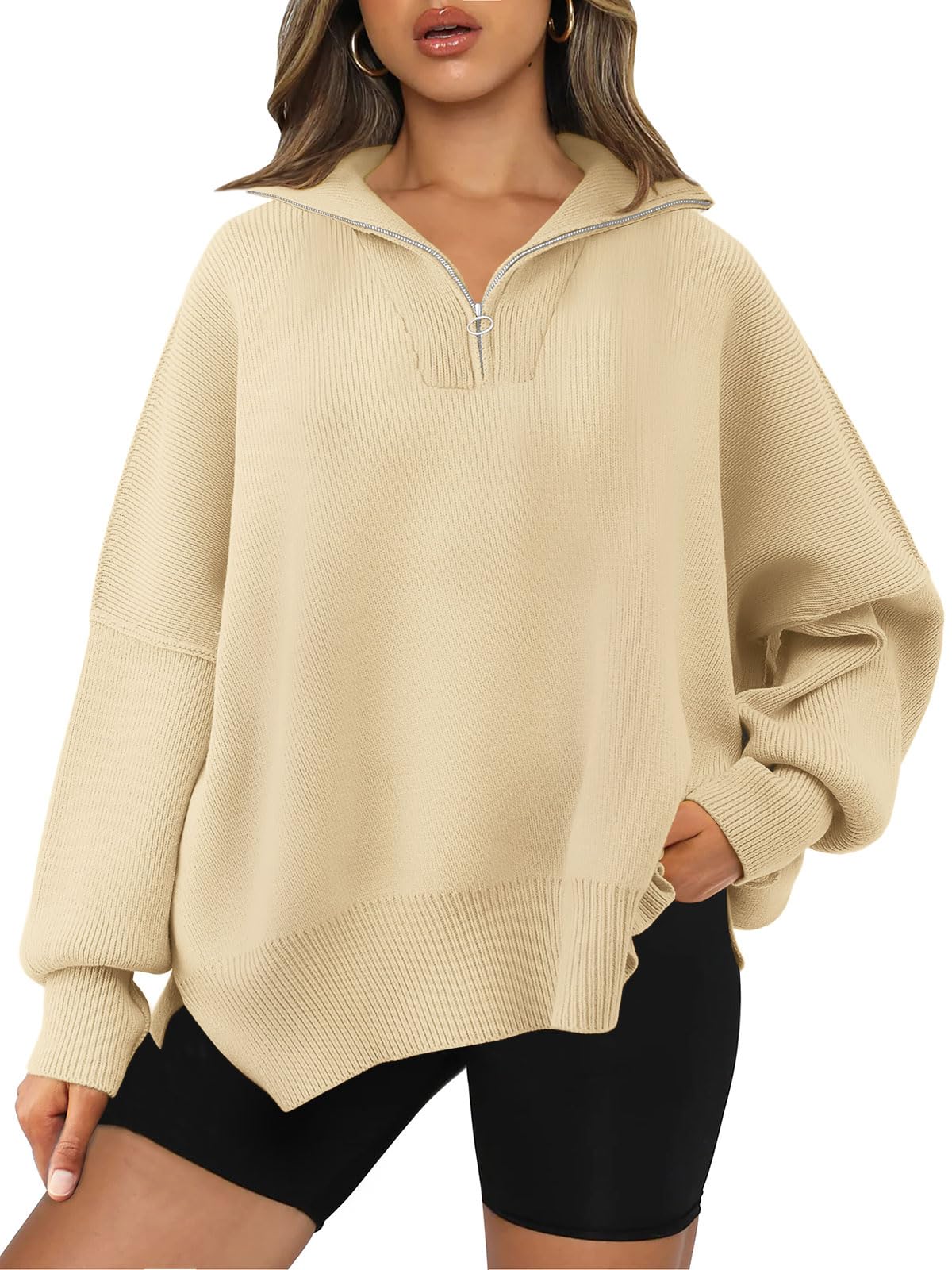 LILLUSORY Women's Oversized Sweaters 2024 Fall Trendy Zipper Collared Sweatshirts Drop Shoulder Tunic Knit Pullover Tops