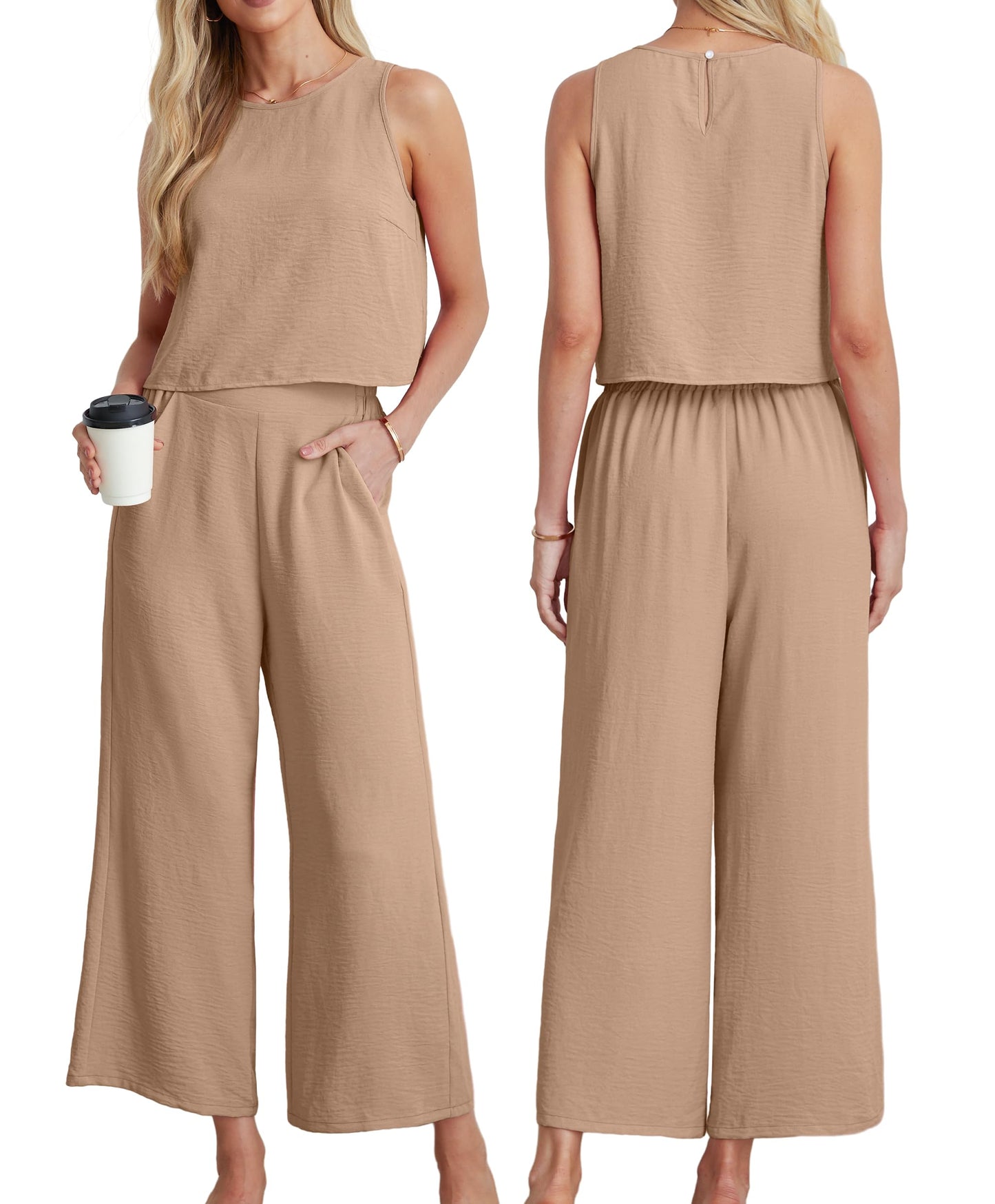 IWOLLENCE Women's Summer 2 Piece Outfits Set Round neck Sleeveless Tank Crop Top Wide Leg pants Set Pockets Jumpsuits