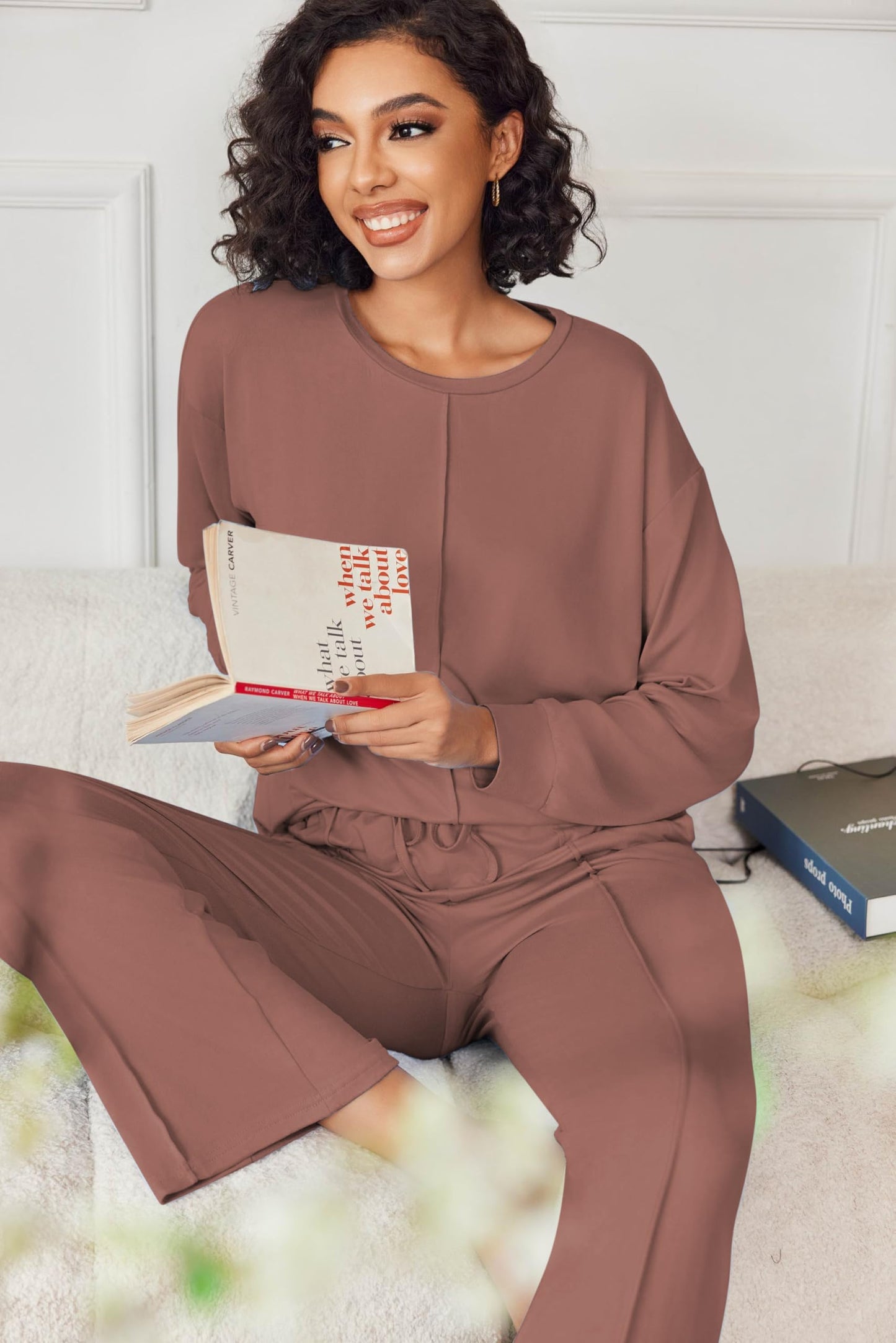 Ekouaer Pajama Sets for Women 2 Piece Lounge Sets Long Sleeve Sleepwear Top and Pants Cozy Pjs Loungewear with Pockets S-XXL