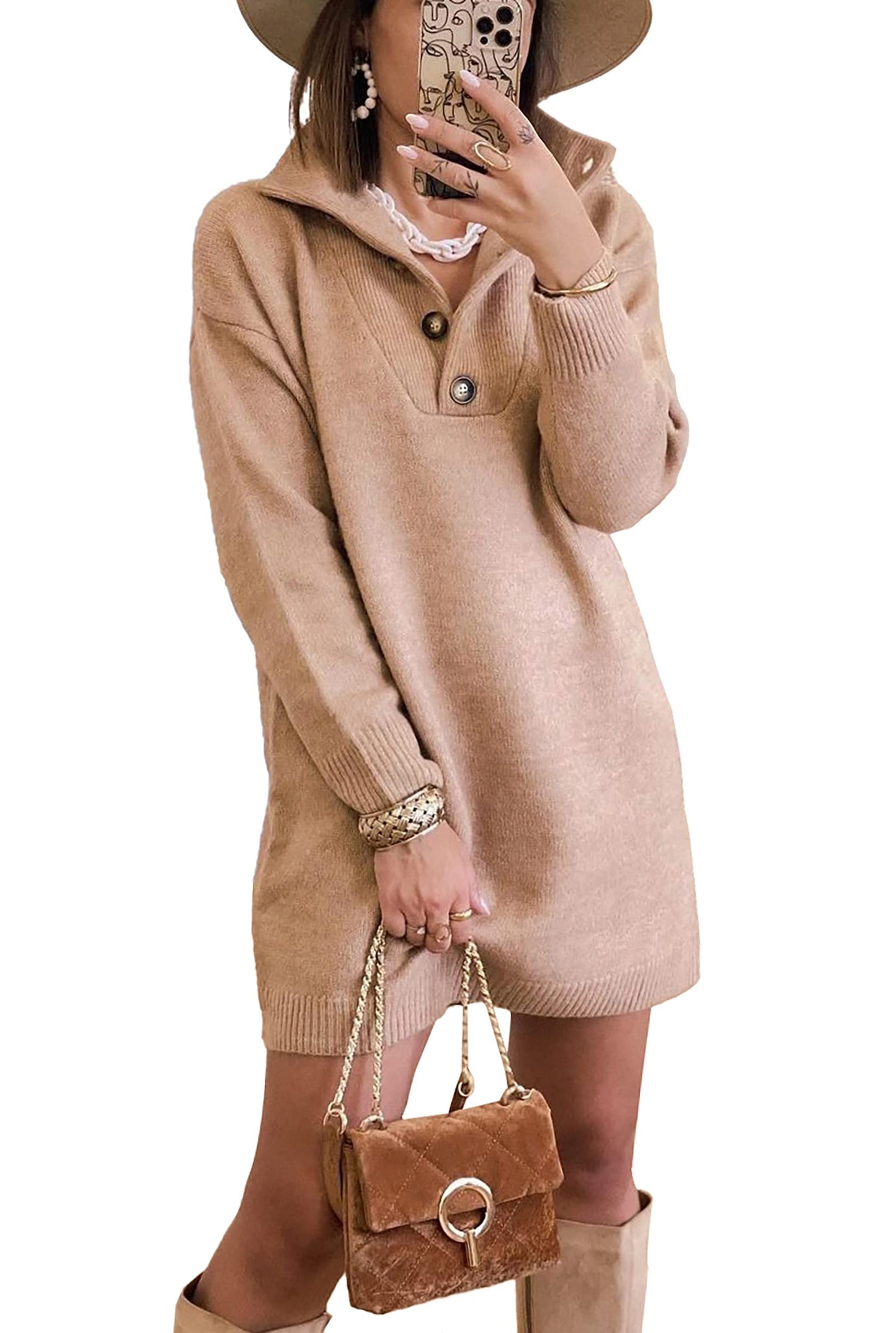 KIRUNDO Women's 2024 Fall Winter Long Sleeve Turtleneck Sweater Dress Button Down Solid Lapel Knit Mini Pullover Dresses