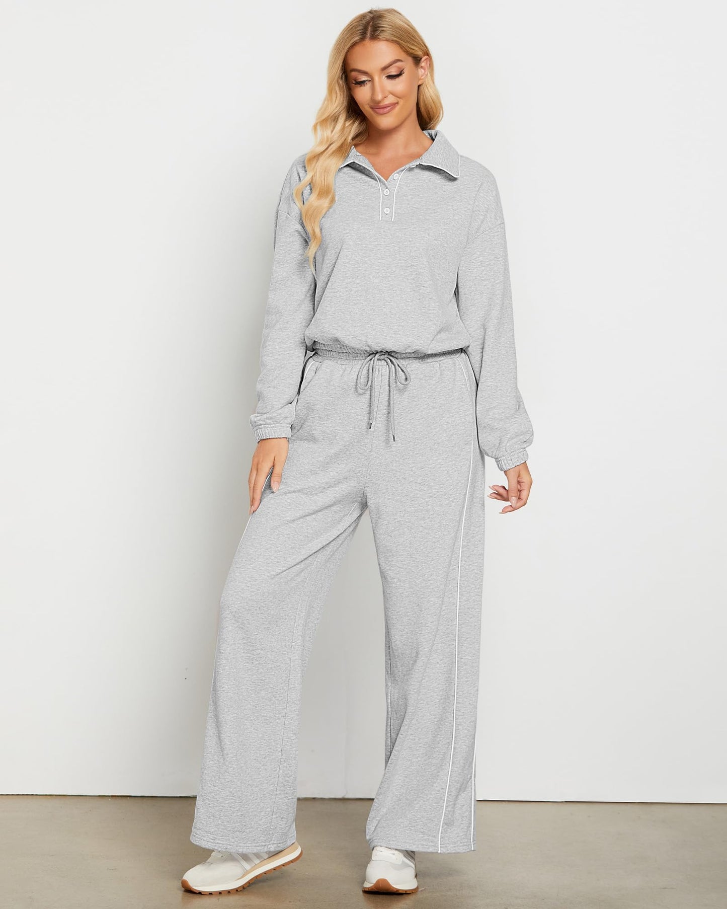 GRAPENT Sweatsuits Two Piece Sets for Women High Wasited Wide Leg Pants Fleece Button Pullover Sweatshirt Lounge Outfits