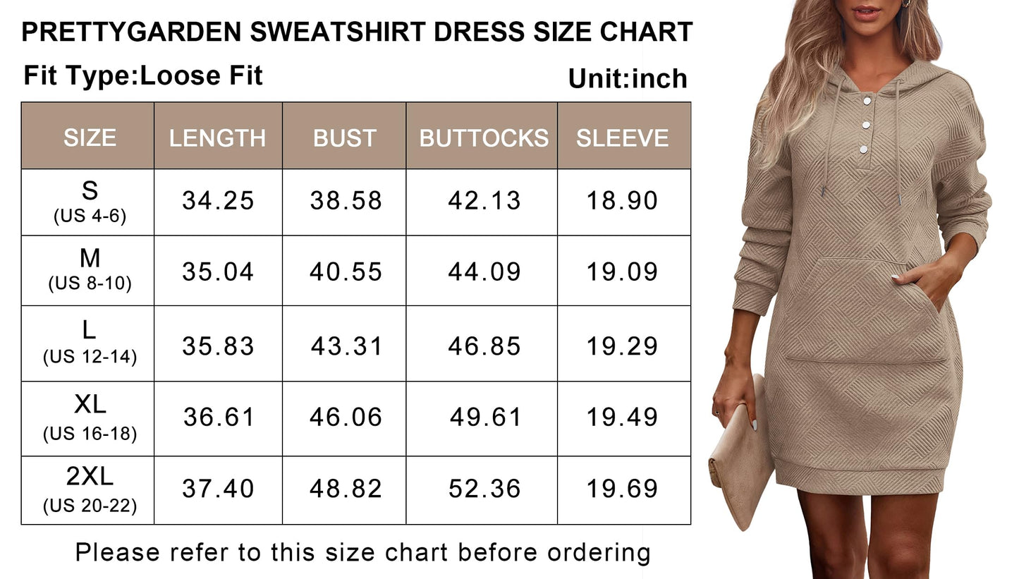 PRETTYGARDEN Long Sleeve Hoodies Dress 2024 Fall Trendy Texture Sweatshirts Outfits Button Hooded Dresses With Pockets