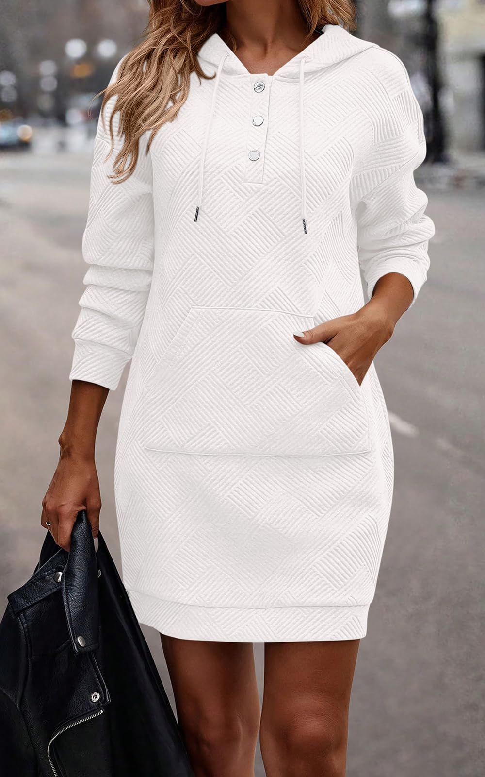 PRETTYGARDEN Long Sleeve Hoodies Dress 2024 Fall Trendy Texture Sweatshirts Outfits Button Hooded Dresses With Pockets
