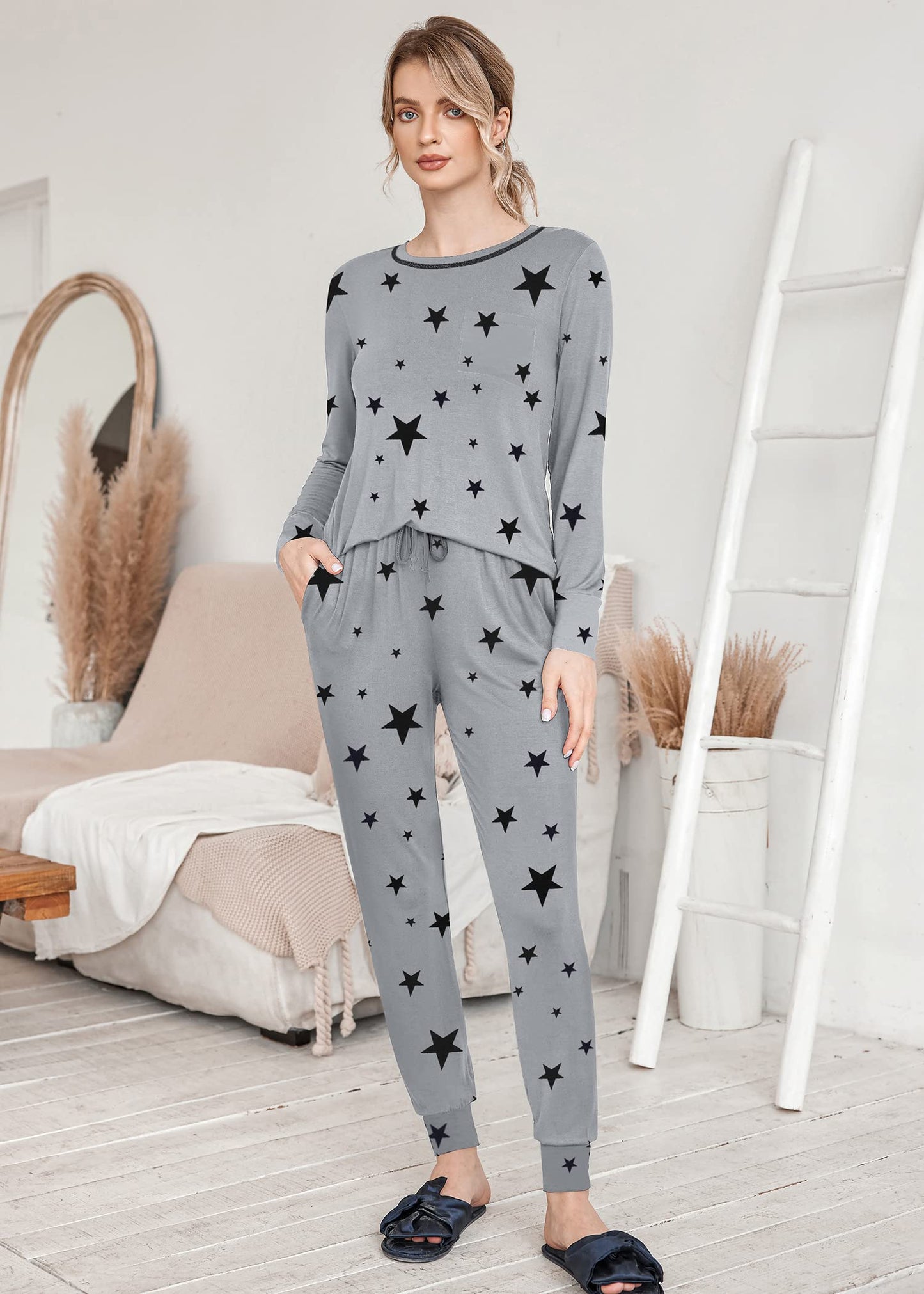 Ekouaer Pajamas Women's Long Sleeve Pj Set Soft 2 Piece Loungewear Sleepwear with Jogger Pants XS-3XL