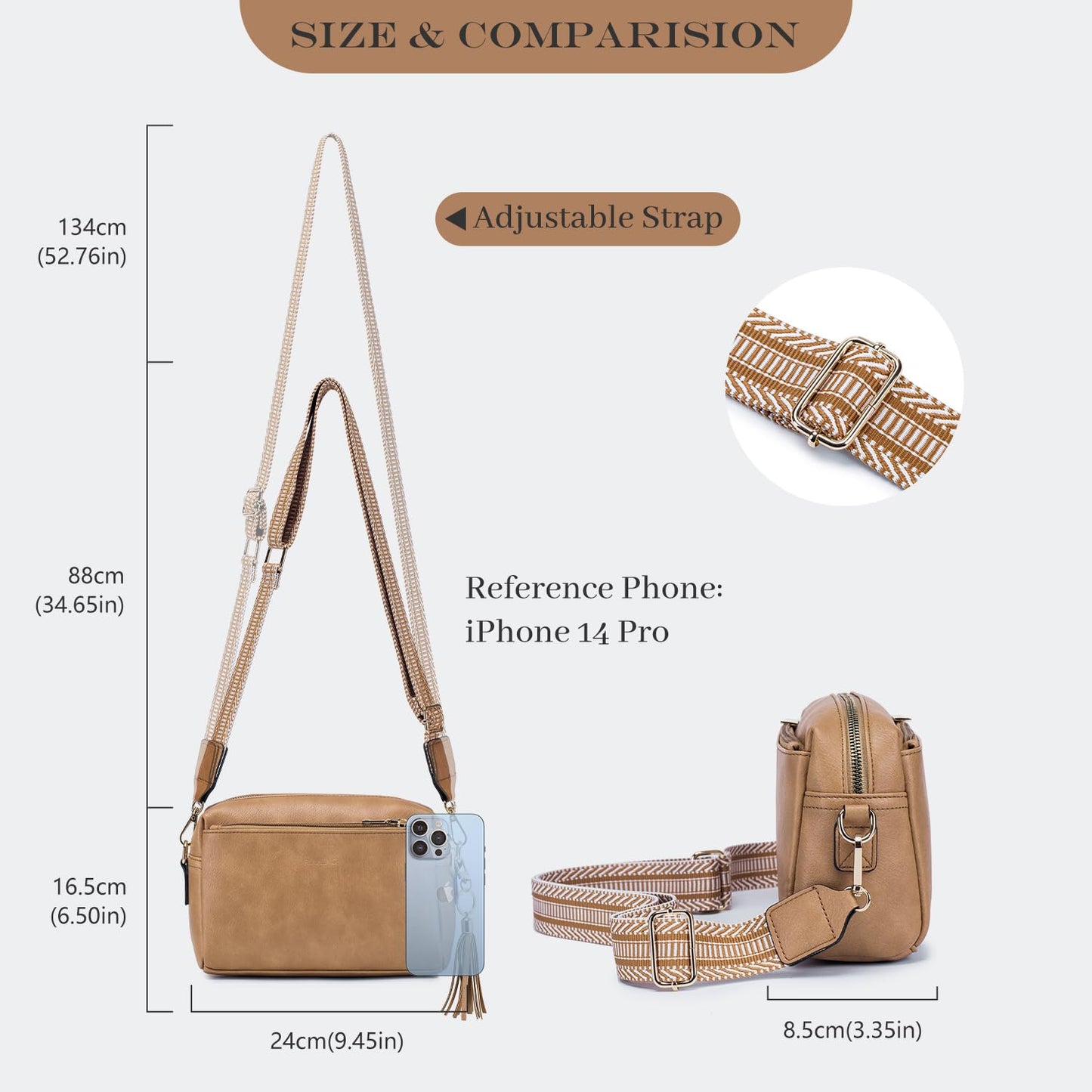 Triple Zip Small Crossbody Bag for women,Wide Strap Cell Phone Purse Shoulder Handbag Wallet with Credit Card Slots