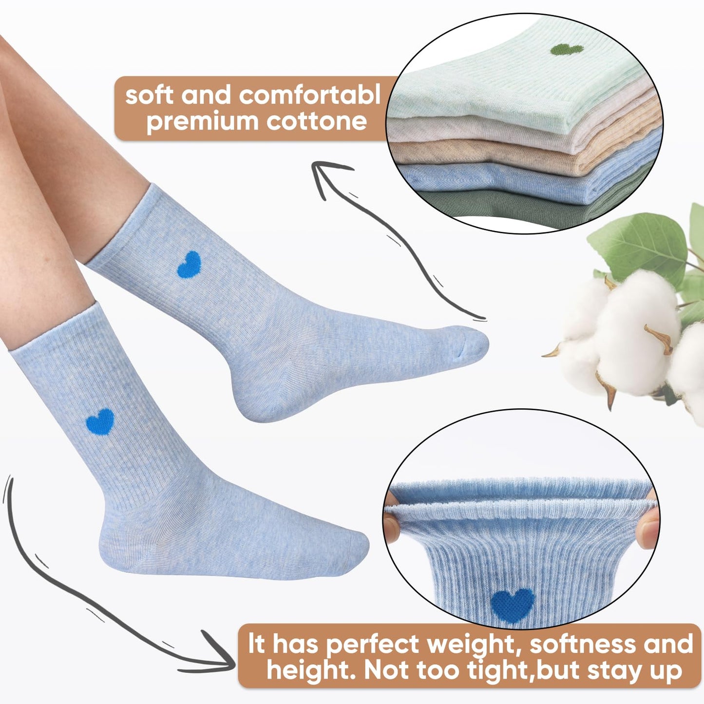 Corlap Women's Crew Calf Cotton Socks Long Fun Cute Heart Soft Dress Socks,Above Ankle High Casual Socks(5Pairs Gifts Box)