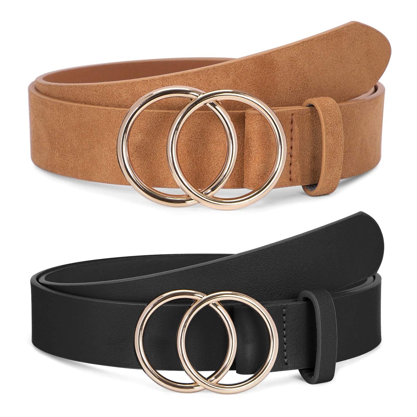 SANSTHS 2 Pack Women Leather Belts Faux Leather Jeans Belt with Double O-Ring Buckle Size up to 58 inch
