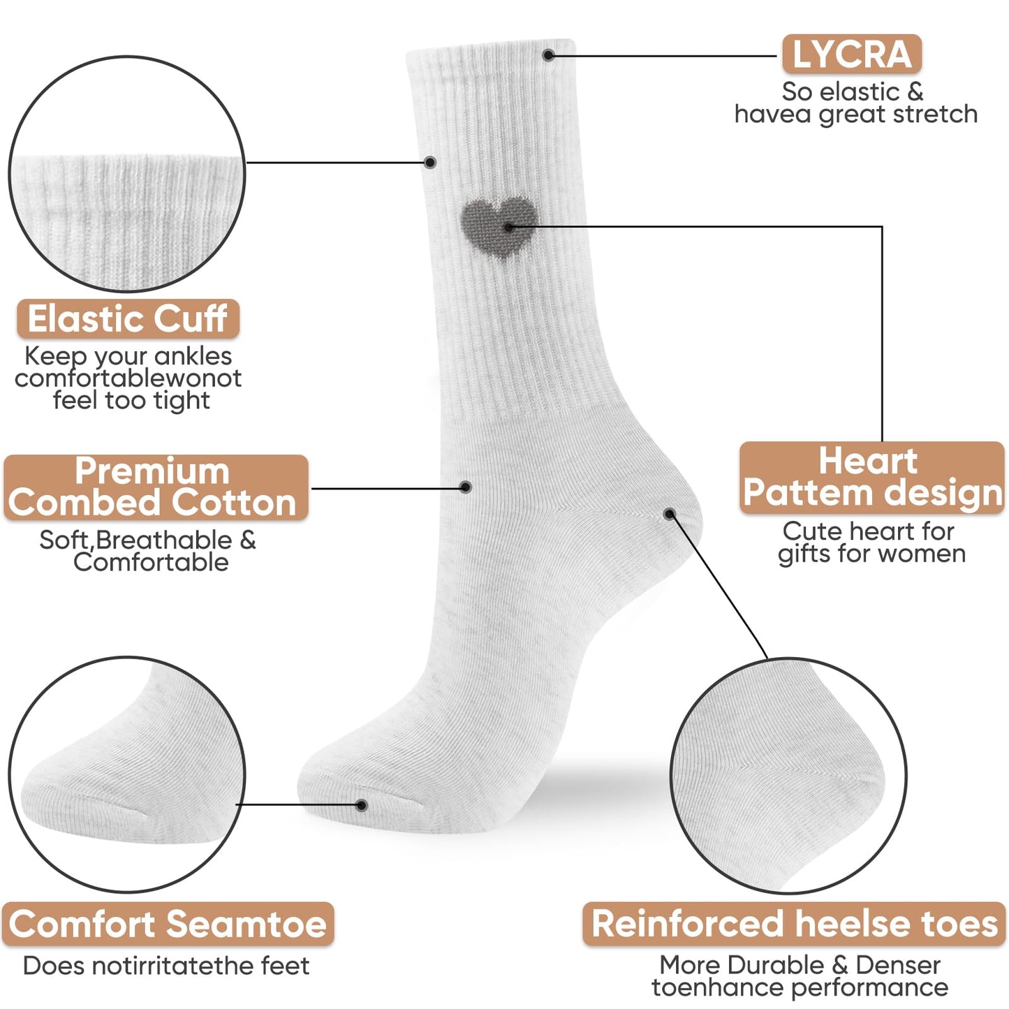 Corlap Women's Crew Calf Cotton Socks Long Fun Cute Heart Soft Dress Socks,Above Ankle High Casual Socks(5Pairs Gifts Box)