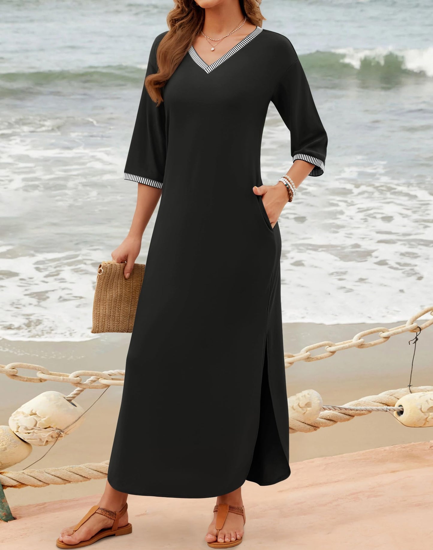 ZESICA Womens Dresses 2024 Causal 3/4 Sleeve V Neck Loose Fit Split Beach Long Maxi Dress with Pockets