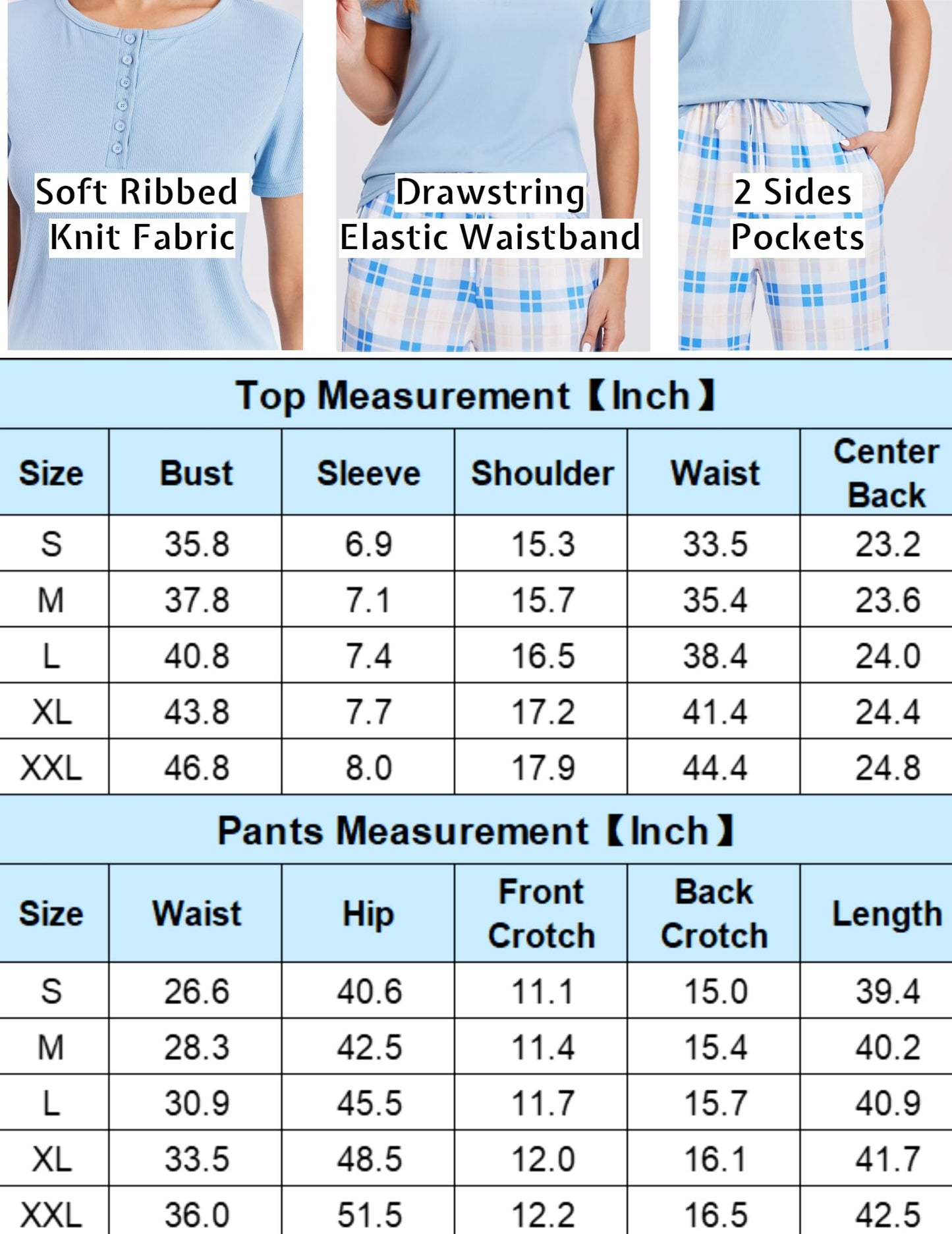 Ekouaer Womens Pajamas Sets Soft Ribbed Knit PJs Short Sleeve Sleepwear Sets Button Plaid Lounge Set