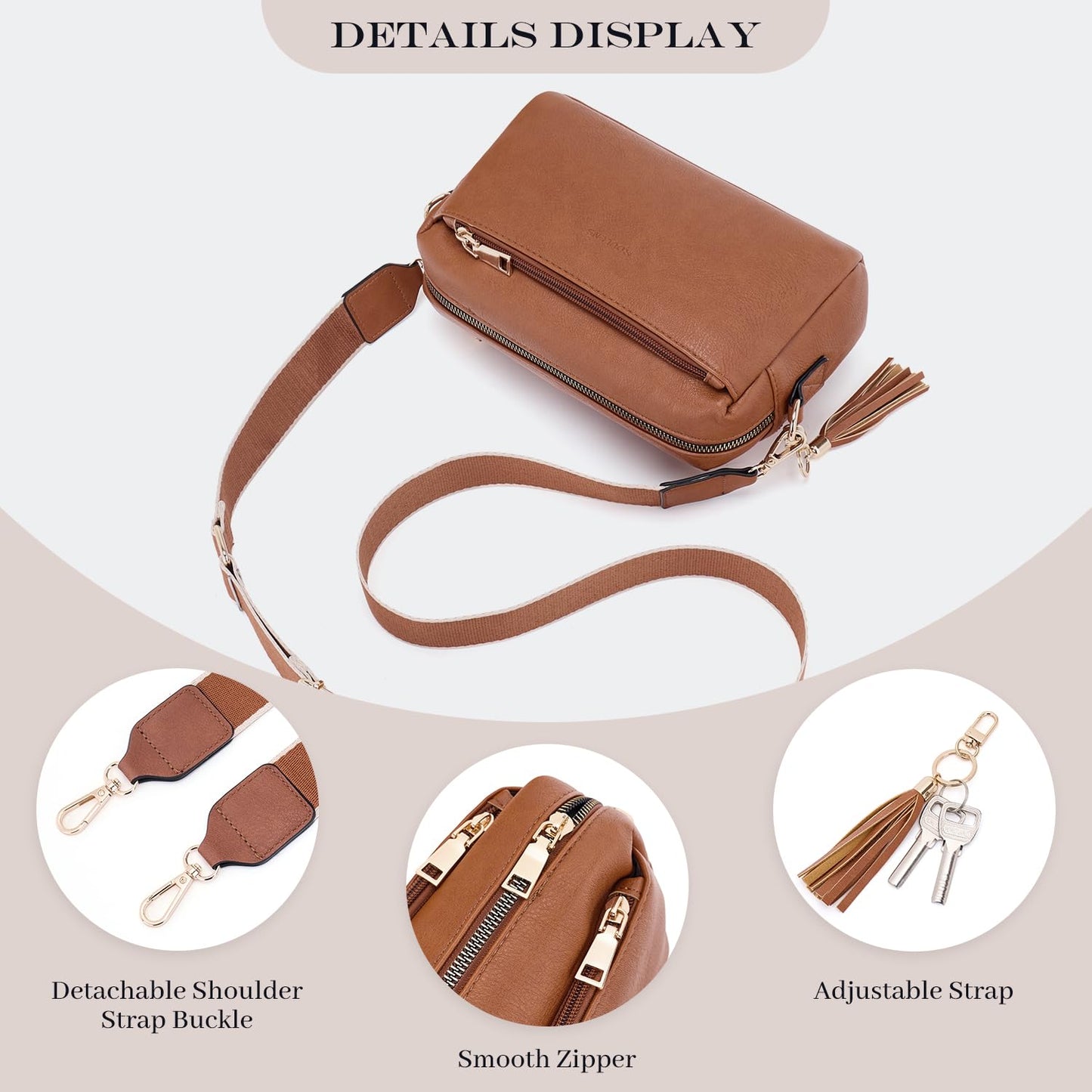 Triple Zip Small Crossbody Bag for women,Wide Strap Cell Phone Purse Shoulder Handbag Wallet with Credit Card Slots