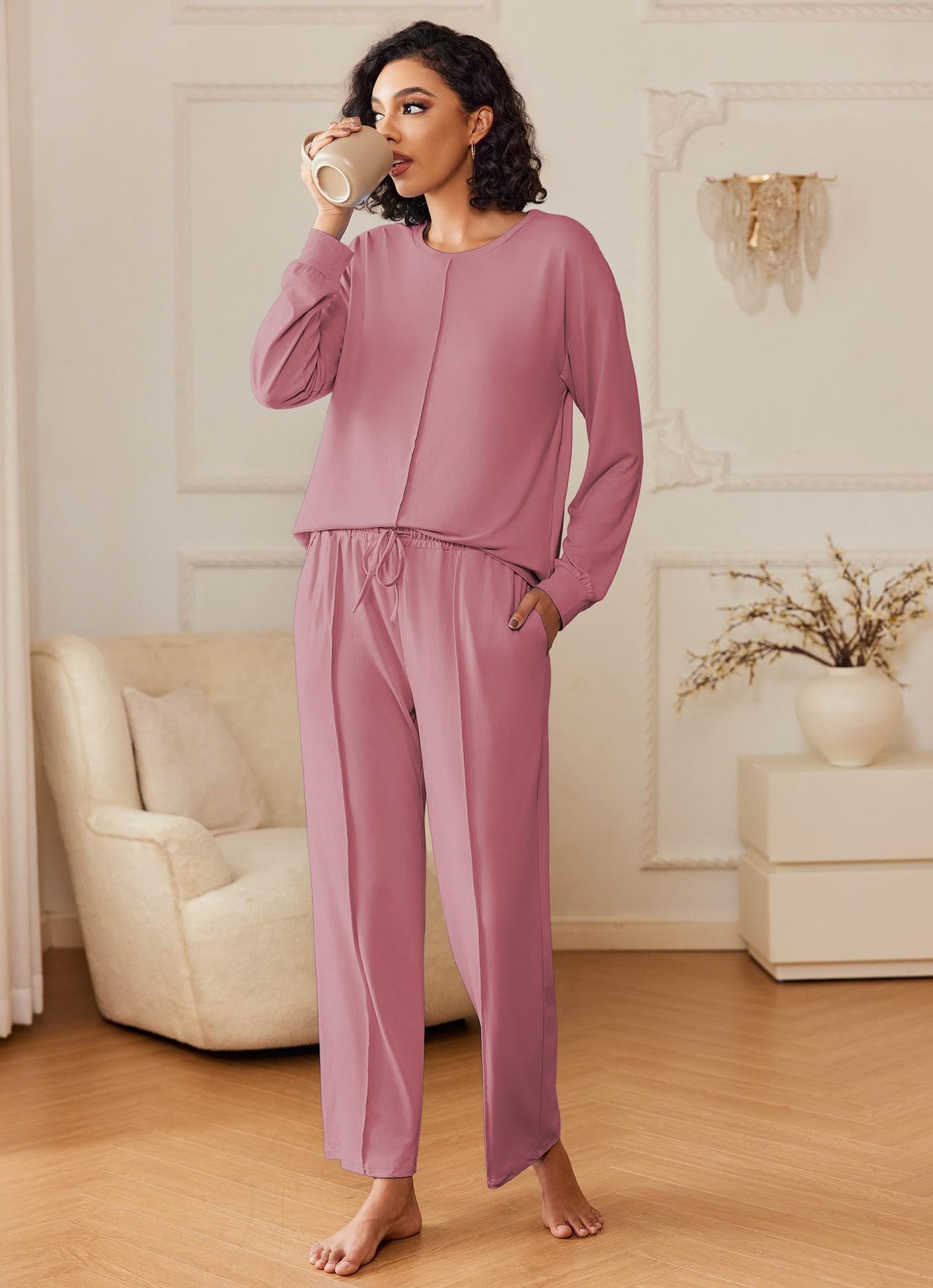 Ekouaer Pajama Sets for Women 2 Piece Lounge Sets Long Sleeve Sleepwear Top and Pants Cozy Pjs Loungewear with Pockets S-XXL