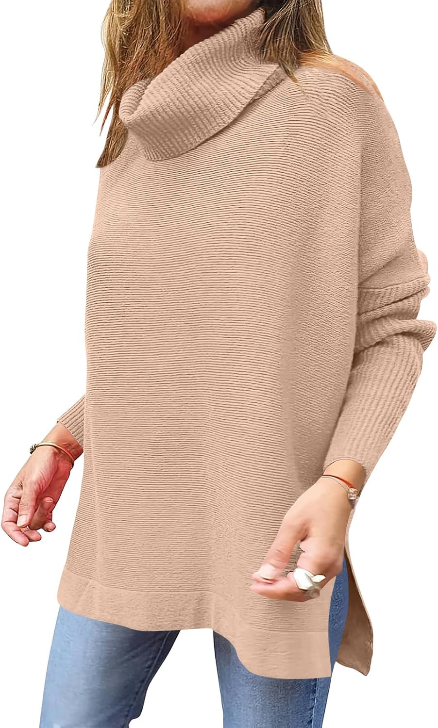 Caracilia Women's Turtleneck Oversized Sweaters 2024 Fall Long Batwing Sleeve Spilt Hem Tunic Pullover Sweater Knit Tops