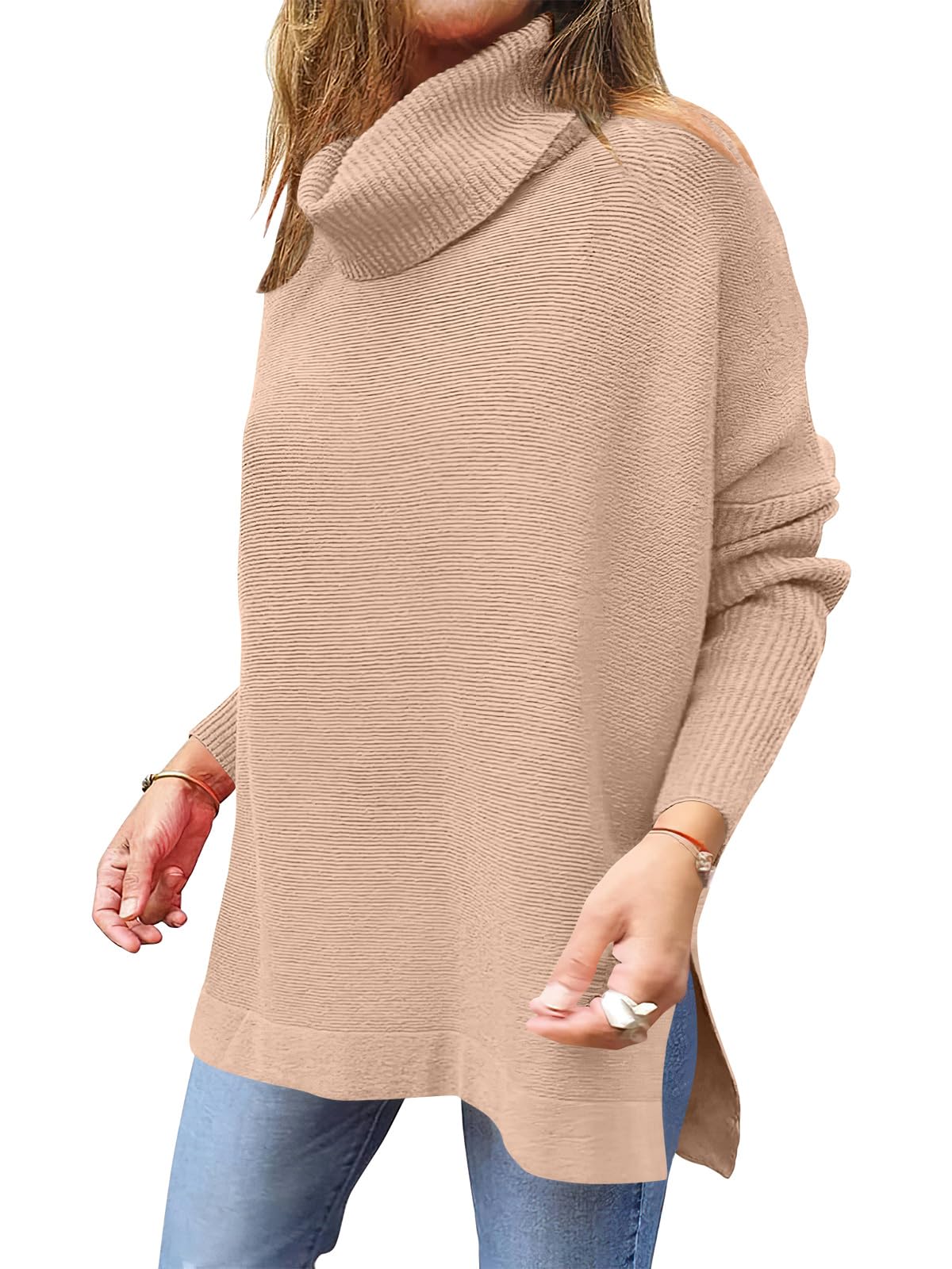 Caracilia Women's Turtleneck Oversized Sweaters 2024 Fall Long Batwing Sleeve Spilt Hem Tunic Pullover Sweater Knit Tops