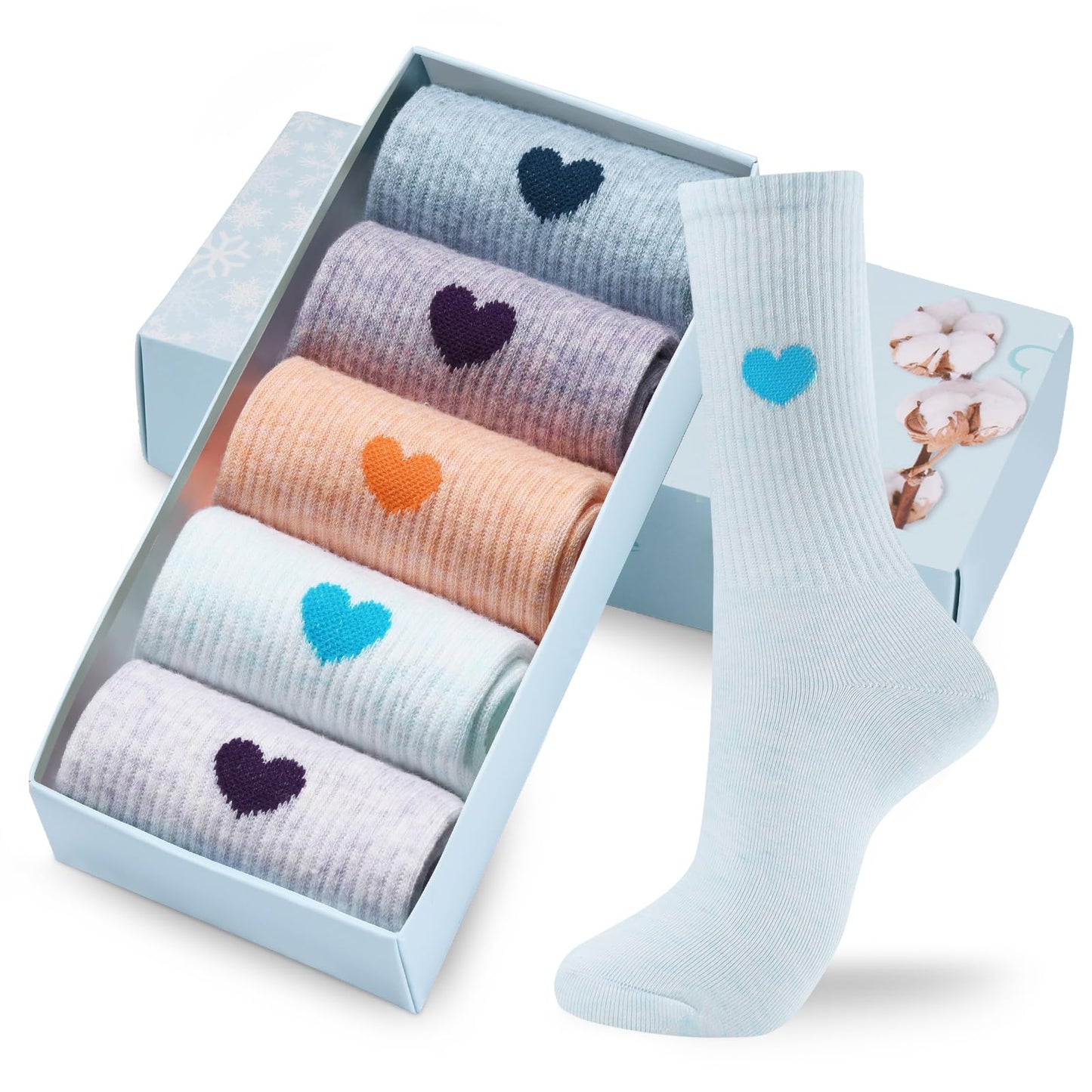 Corlap Women's Crew Calf Cotton Socks Long Fun Cute Heart Soft Dress Socks,Above Ankle High Casual Socks(5Pairs Gifts Box)