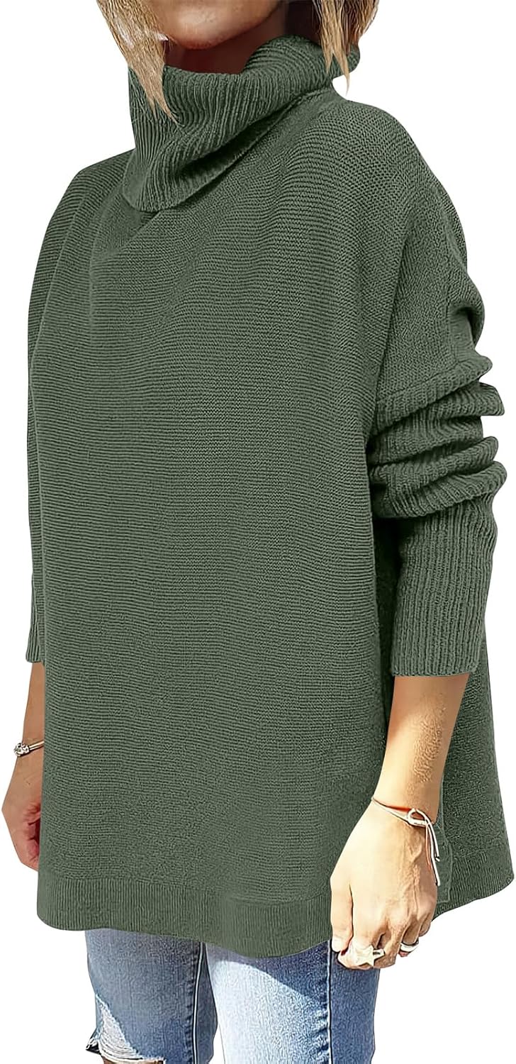 Caracilia Women's Turtleneck Oversized Sweaters 2024 Fall Long Batwing Sleeve Spilt Hem Tunic Pullover Sweater Knit Tops