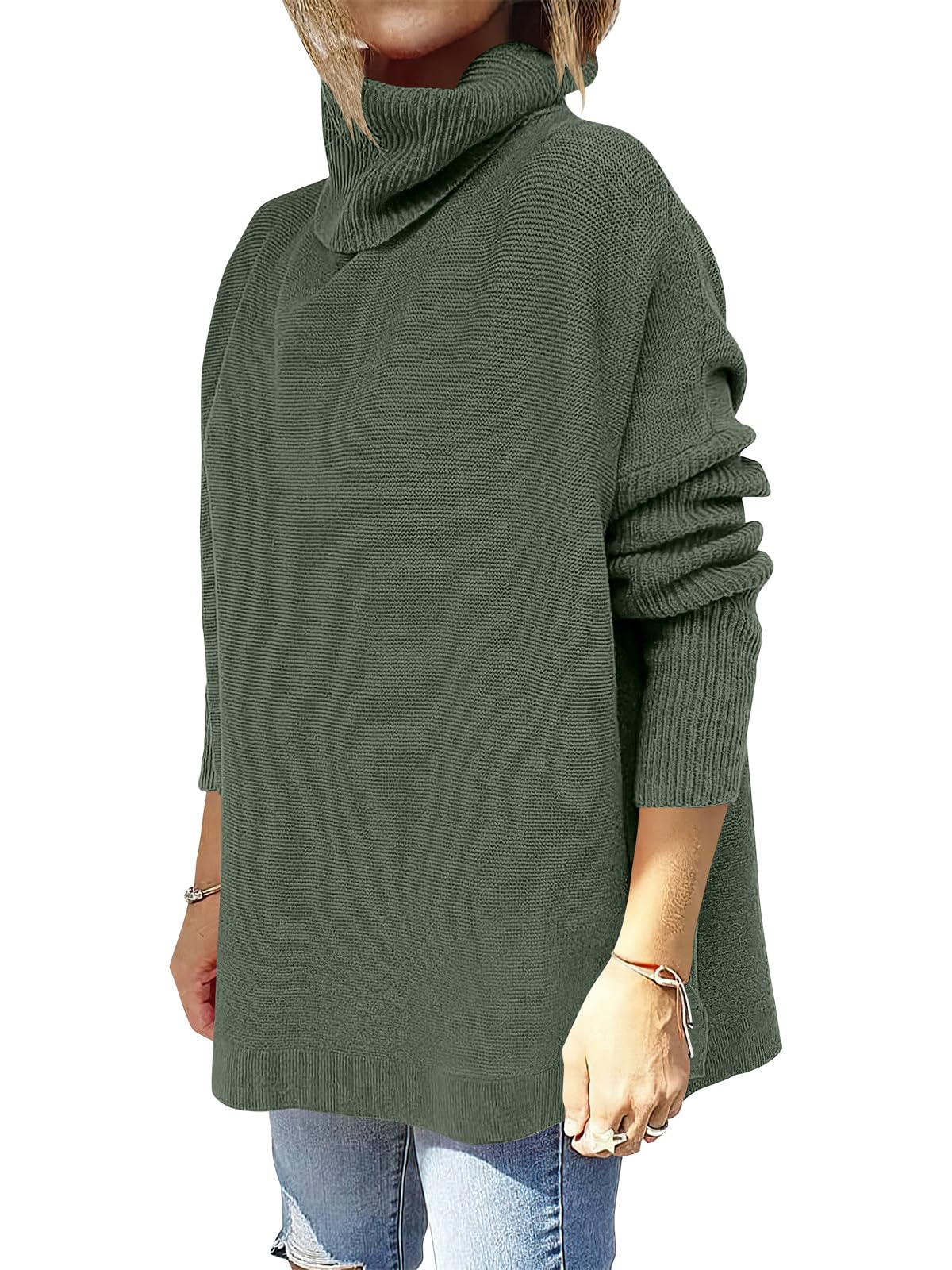 Caracilia Women's Turtleneck Oversized Sweaters 2024 Fall Long Batwing Sleeve Spilt Hem Tunic Pullover Sweater Knit Tops