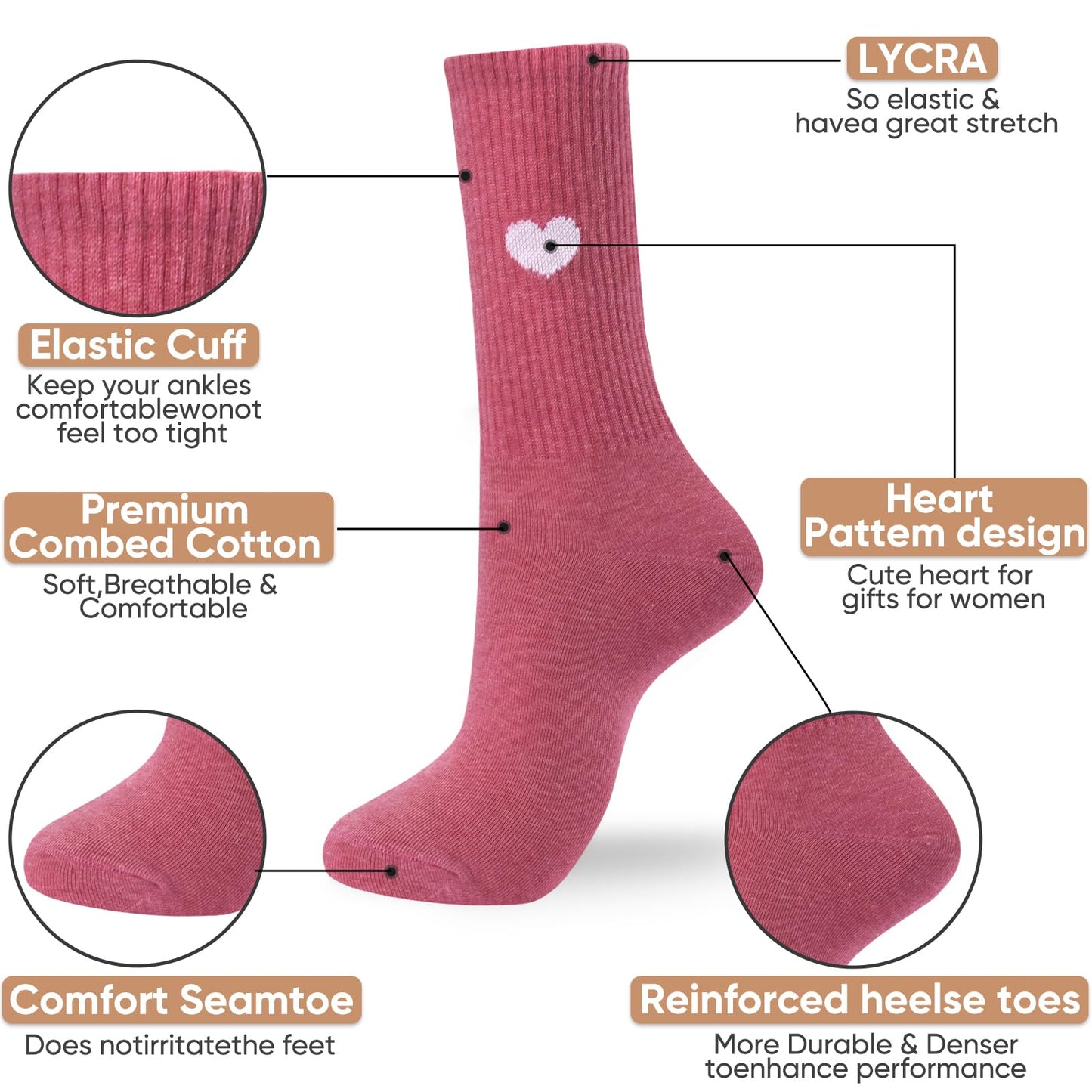 Corlap Women's Crew Calf Cotton Socks Long Fun Cute Heart Soft Dress Socks,Above Ankle High Casual Socks(5Pairs Gifts Box)