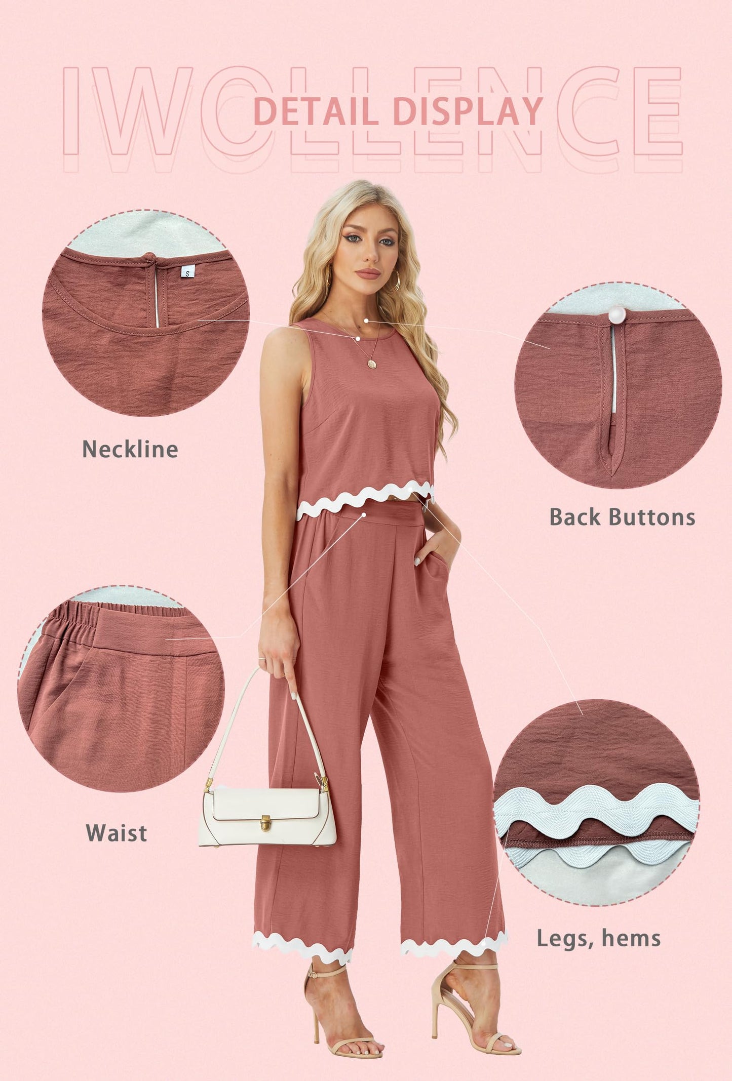 IWOLLENCE Women's Summer 2 Piece Outfits Set Round neck Sleeveless Tank Crop Top Wide Leg pants Set Pockets Jumpsuits