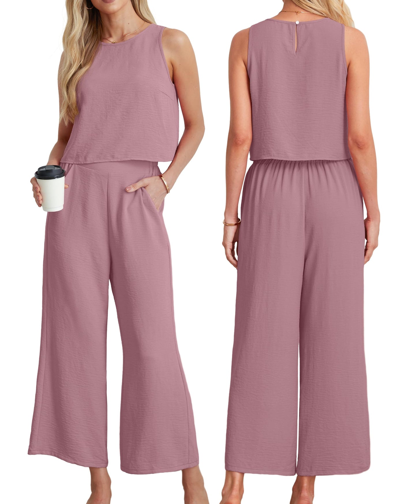 IWOLLENCE Women's Summer 2 Piece Outfits Set Round neck Sleeveless Tank Crop Top Wide Leg pants Set Pockets Jumpsuits