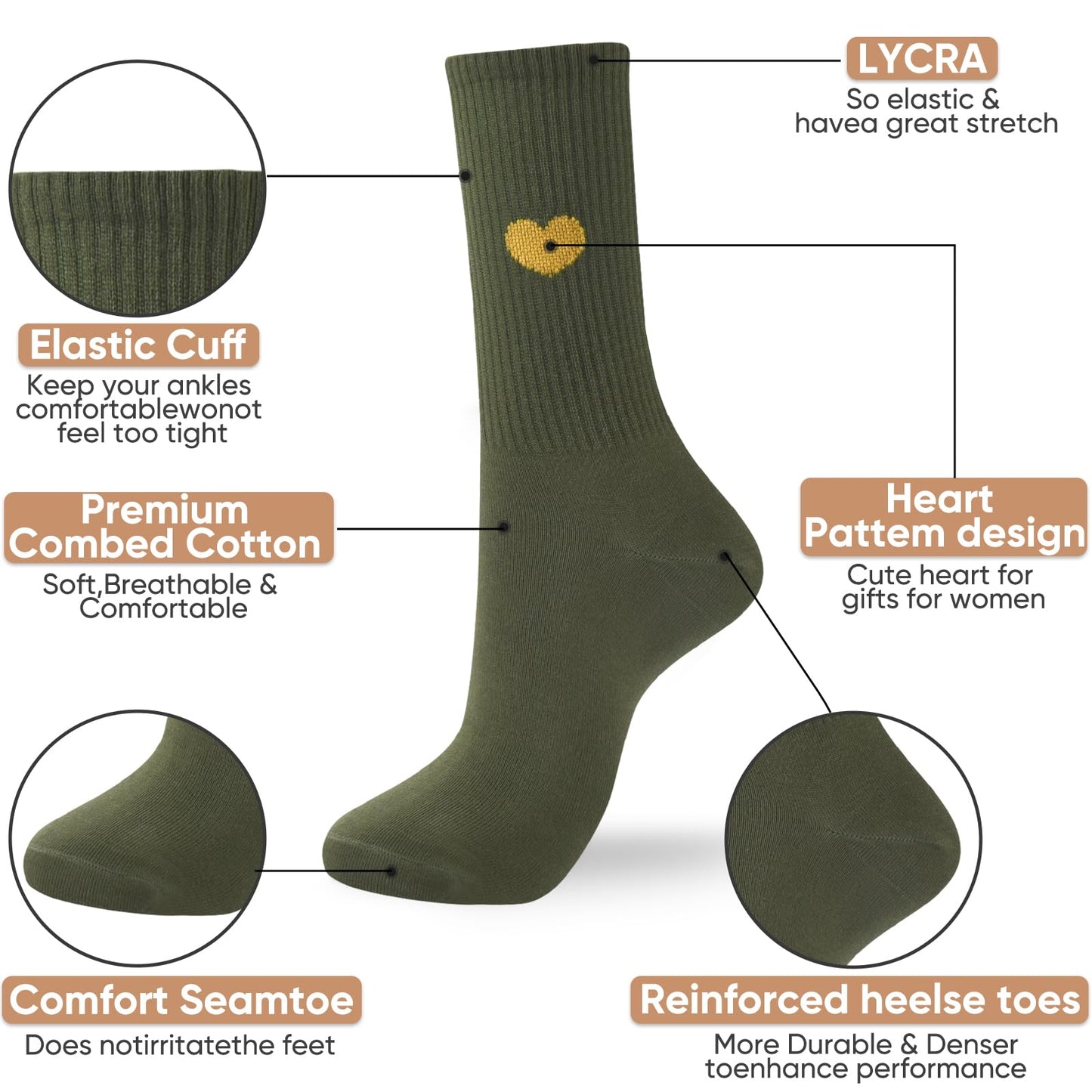 Corlap Women's Crew Calf Cotton Socks Long Fun Cute Heart Soft Dress Socks,Above Ankle High Casual Socks(5Pairs Gifts Box)
