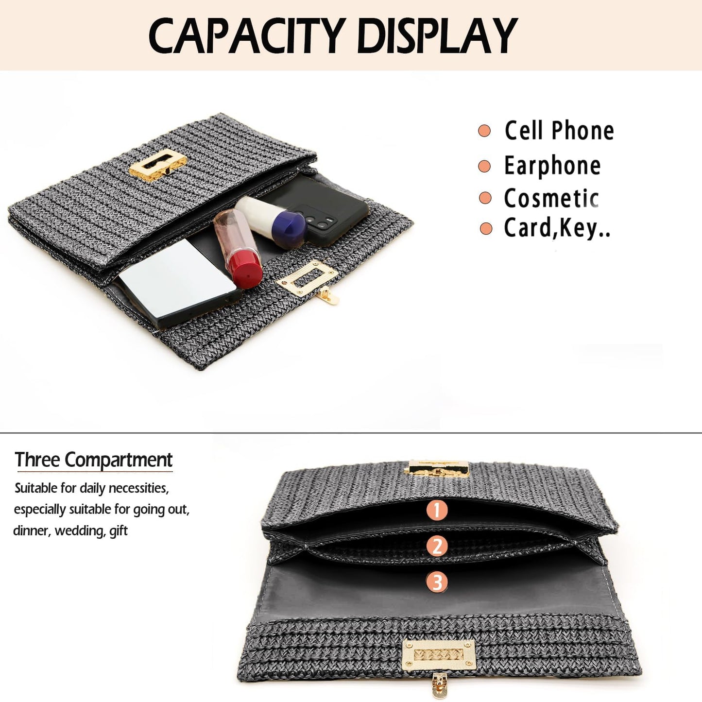 Rattan Clutch Purse for Women,Summer Straw Woven Beach Woven Bag Wicker Raffia Envelope Evening Clutch for Wedding