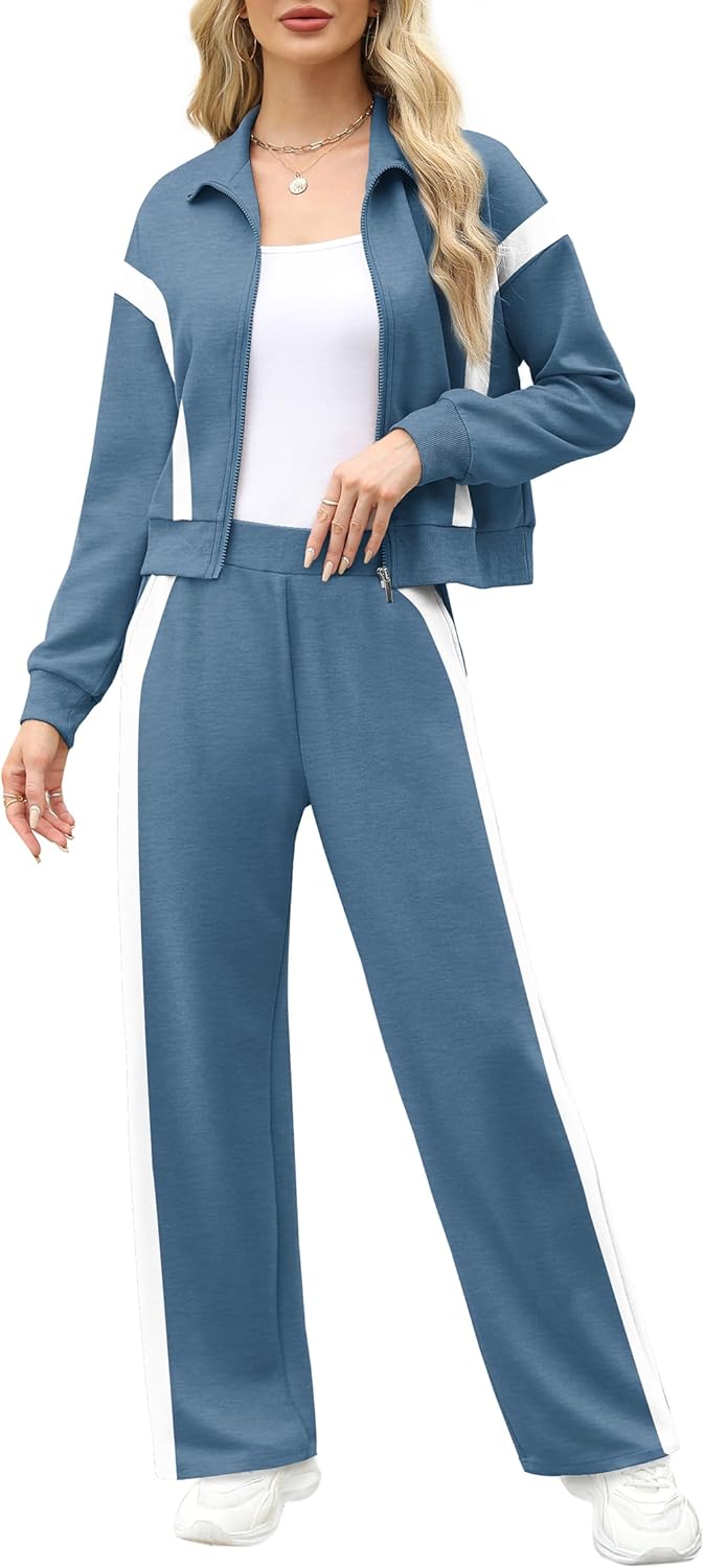 XIEERDUO Lounge Sets for Women 2024 Sweatsuit 2 Piece Outfits Sweatshirt Wide Leg Sweatpant Tracksuit Matching Set
