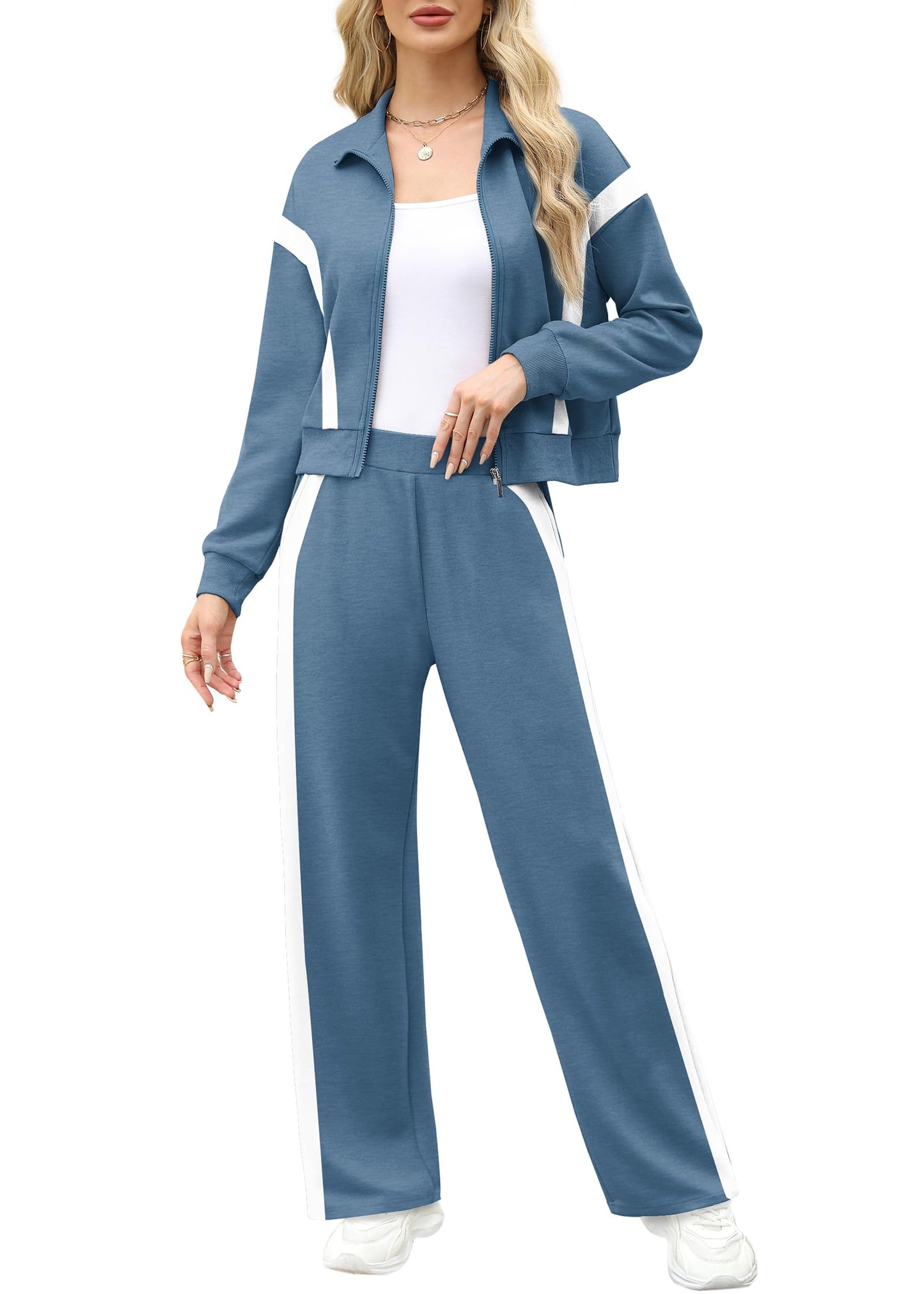 XIEERDUO Lounge Sets for Women 2024 Sweatsuit 2 Piece Outfits Sweatshirt Wide Leg Sweatpant Tracksuit Matching Set