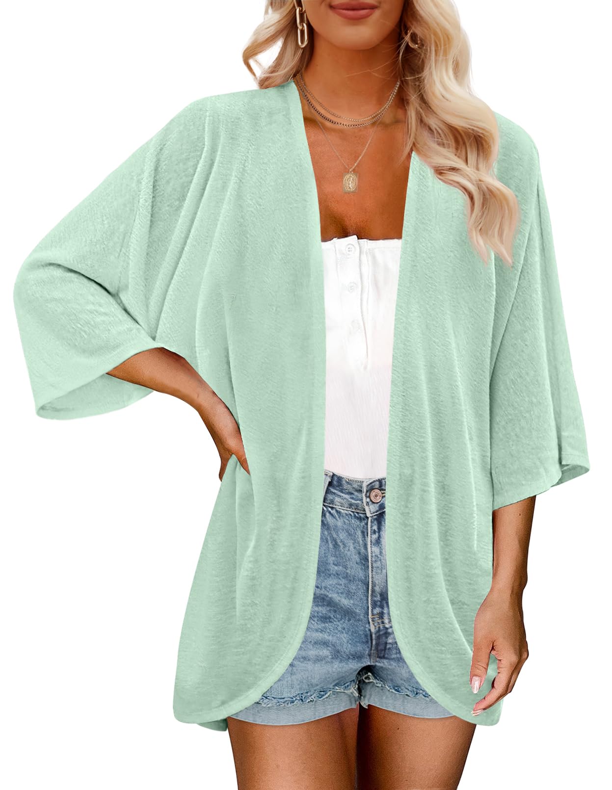 MEROKEETY Women's Lightweight Cardigan Kimono Short Sleeve Open Front Casual Loose Beach Cover Ups