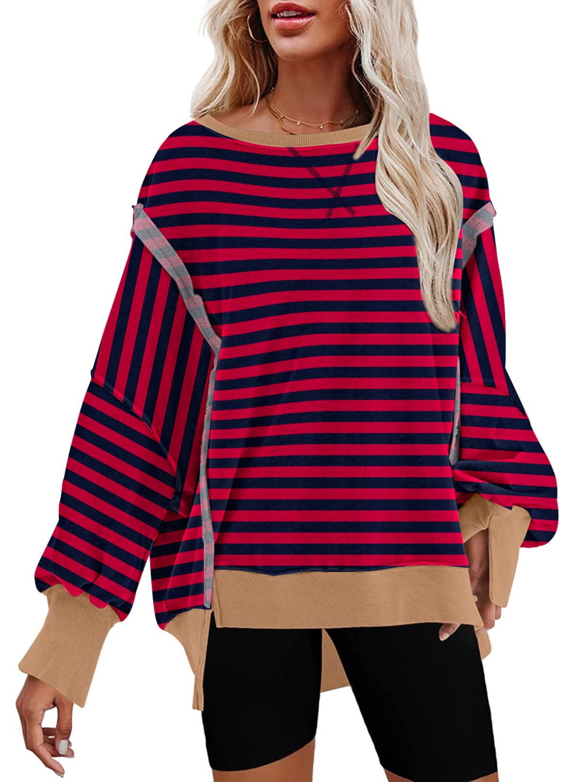 SHEWIN Womens Oversized Reverse Seam Sweatshirt Casual Long Sleeve Crewneck Lightweight Pullover Tops Loose Sweatshirts