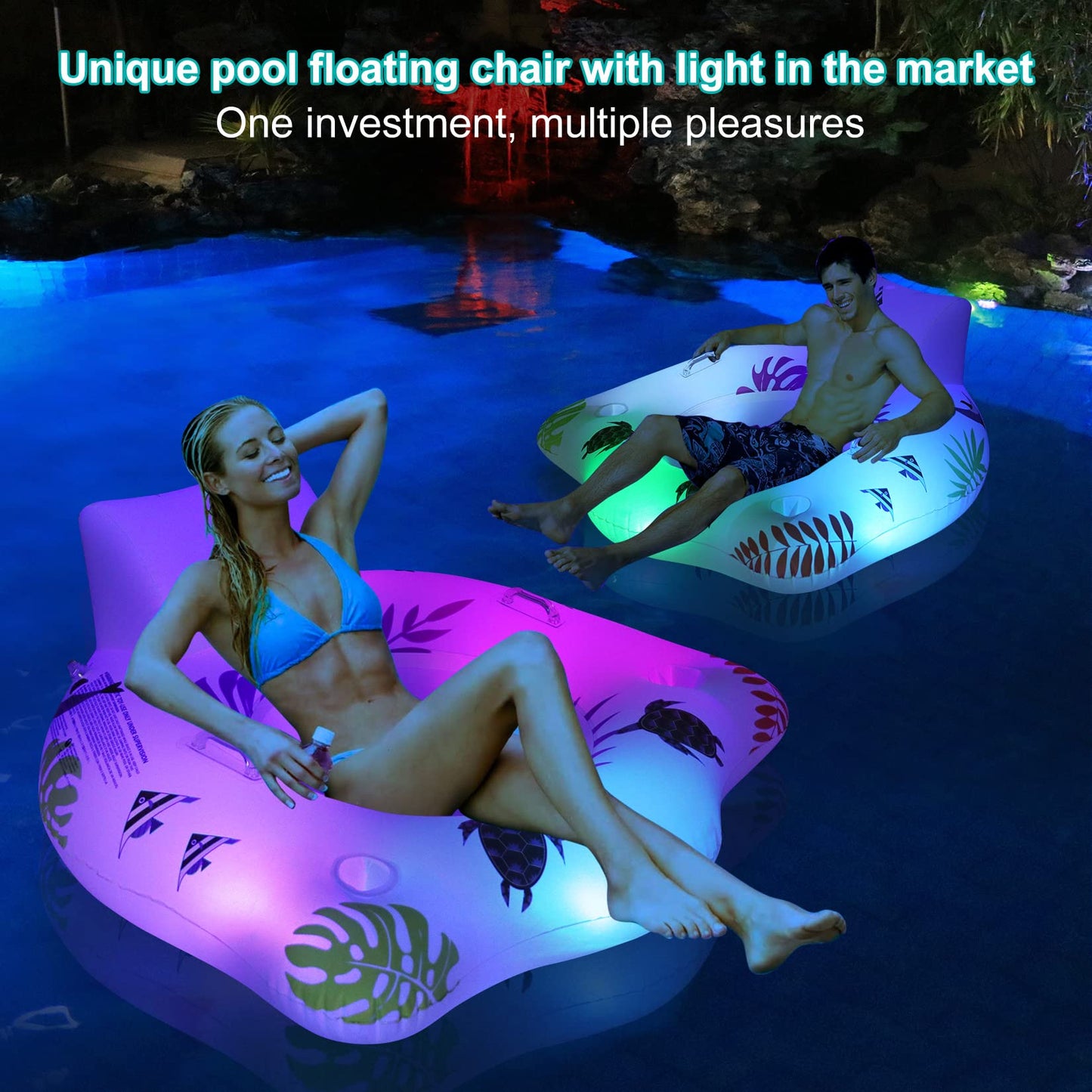 Inflatable Pool Floats Chair with Color Changing Light, Solar Powered Water Floats for Adults with 2 Cup Holders & 2 Armrests, Beach Float Pool Sofa, Pool Raft Lounge Pool Floaties for Adult