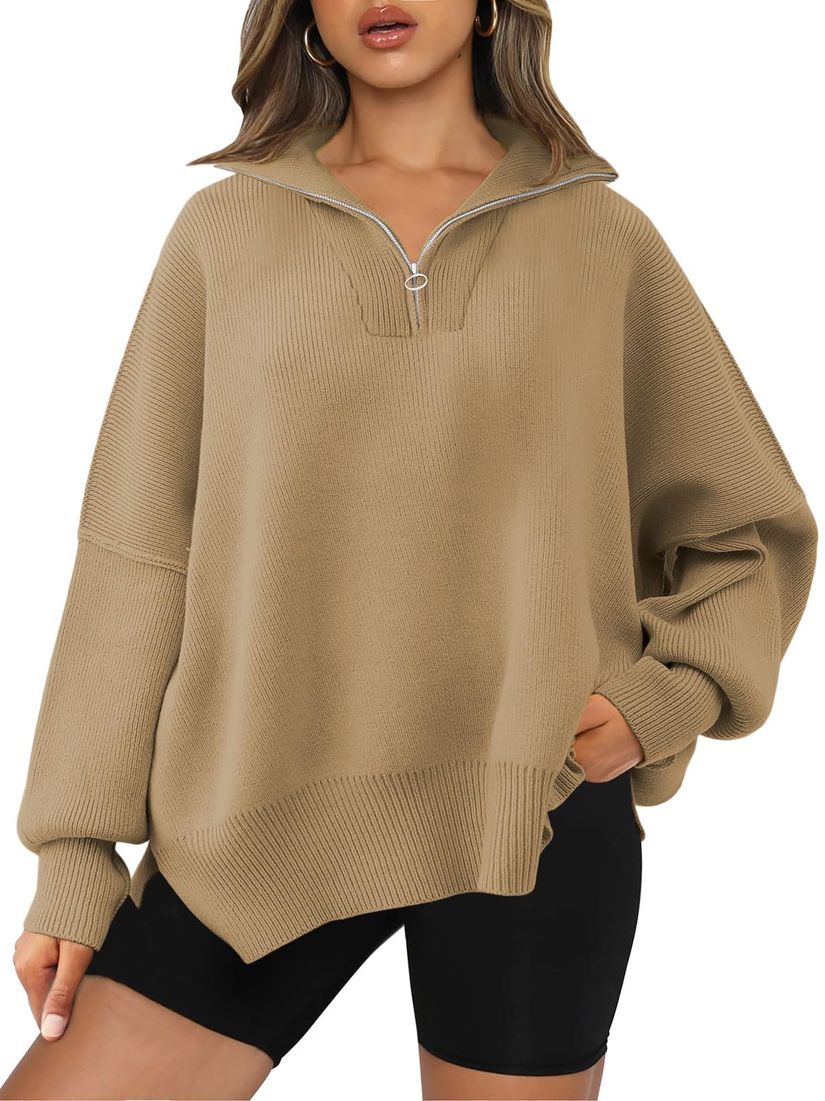 LILLUSORY Women's Oversized Sweaters 2024 Fall Trendy Zipper Collared Sweatshirts Drop Shoulder Tunic Knit Pullover Tops