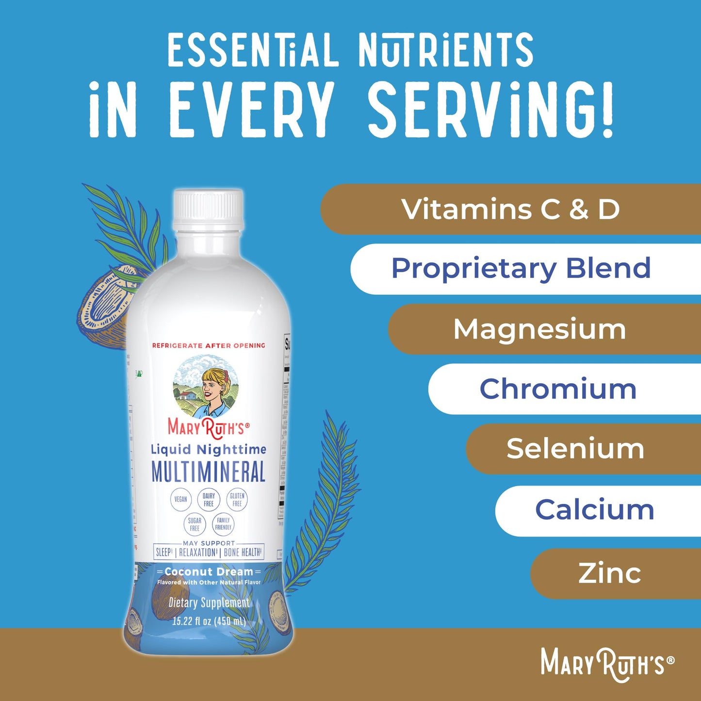 Nighttime Liquid Multimineral Sleep Supplement | Sugar Free | Calm Magnesium Citrate Sleep | NO Melatonin | Calcium Magnesium Zinc | Available in 4 Flavors | Vegan | 32 Servings