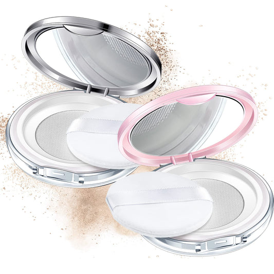 Cunhill 2 Pcs Loose Powder Container with Puff 0.17/0.7 oz Reusable Plastic Empty Powder Case Portable DIY Empty Makeup Powder Container with Mirror and Net Sifter(Pink, Silver)