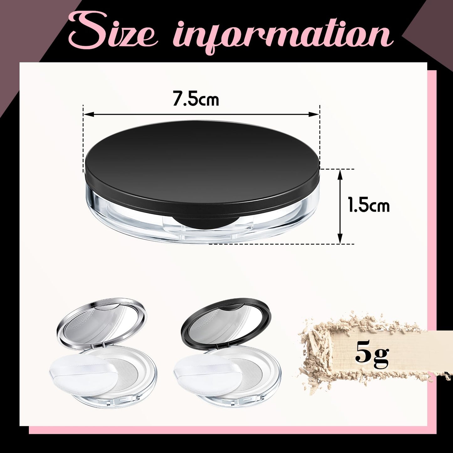 Cunhill 2 Pcs Loose Powder Container with Puff 0.17/0.7 oz Reusable Plastic Empty Powder Case Portable DIY Empty Makeup Powder Container with Mirror and Net Sifter(Pink, Silver)