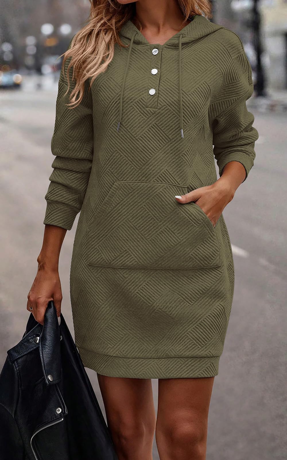 PRETTYGARDEN Long Sleeve Hoodies Dress 2024 Fall Trendy Texture Sweatshirts Outfits Button Hooded Dresses With Pockets