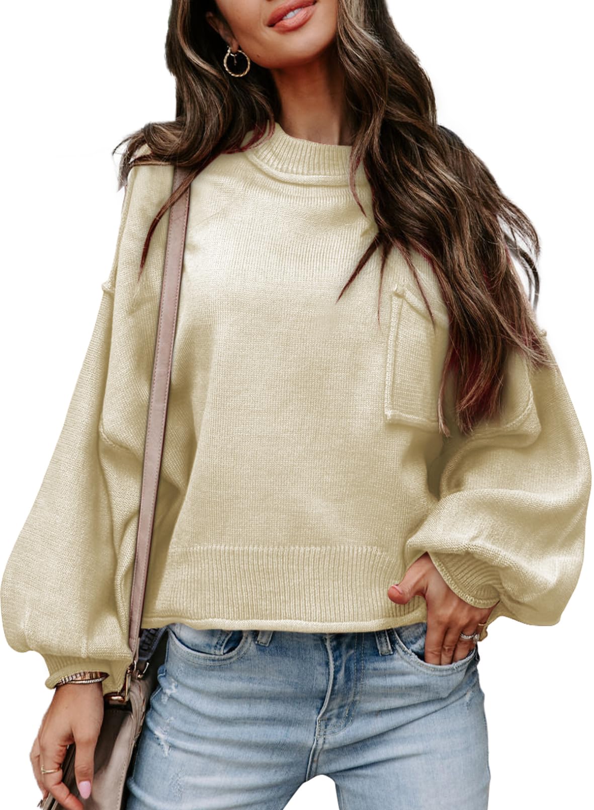 EVALESS Women's 2024 Lantern Long Sleeve Crewneck Sweater Casual Solid Color Ribbed Hem Knitwear Pullover Cropped Tops