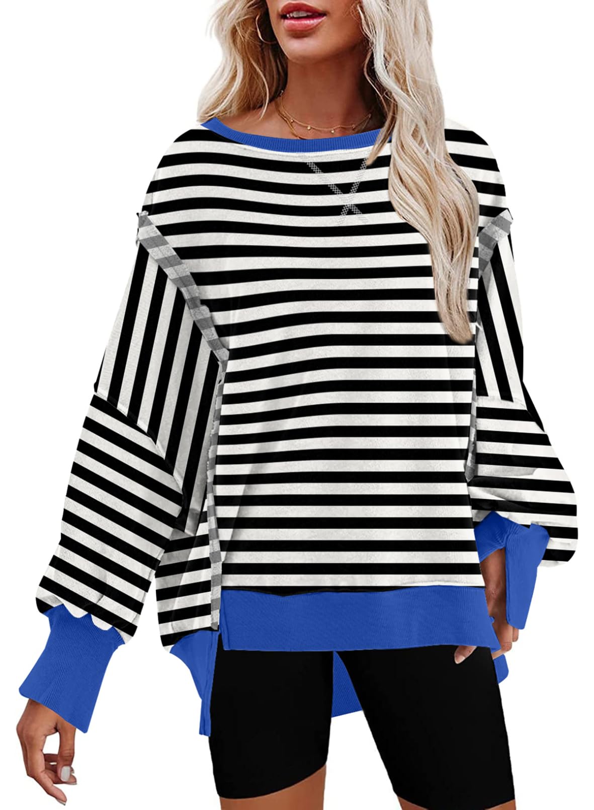 SHEWIN Womens Oversized Reverse Seam Sweatshirt Casual Long Sleeve Crewneck Lightweight Pullover Tops Loose Sweatshirts