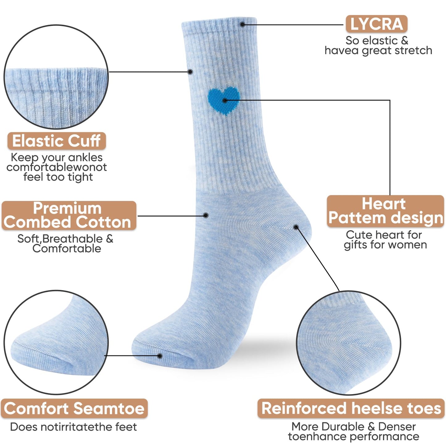 Corlap Women's Crew Calf Cotton Socks Long Fun Cute Heart Soft Dress Socks,Above Ankle High Casual Socks(5Pairs Gifts Box)