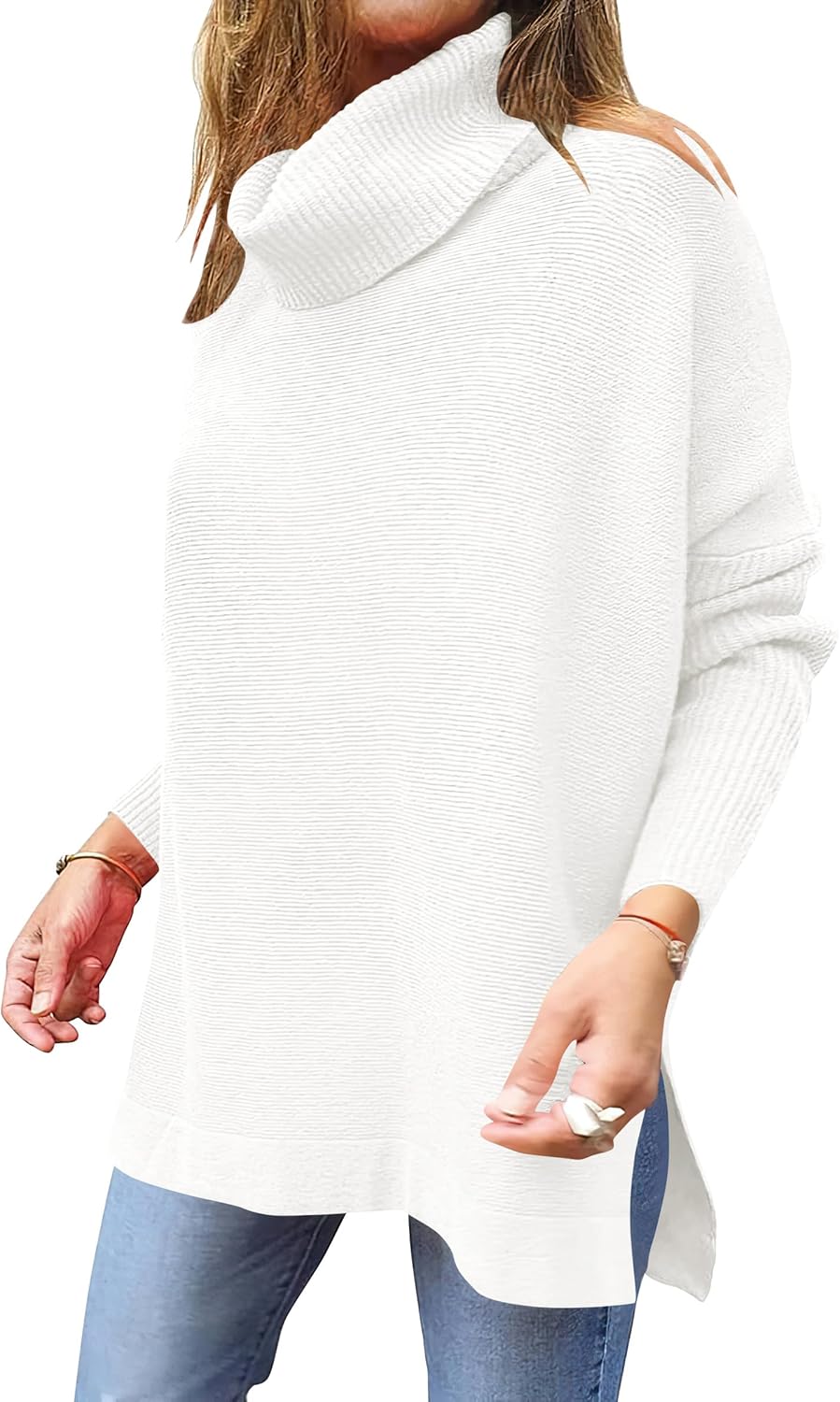 Caracilia Women's Turtleneck Oversized Sweaters 2024 Fall Long Batwing Sleeve Spilt Hem Tunic Pullover Sweater Knit Tops