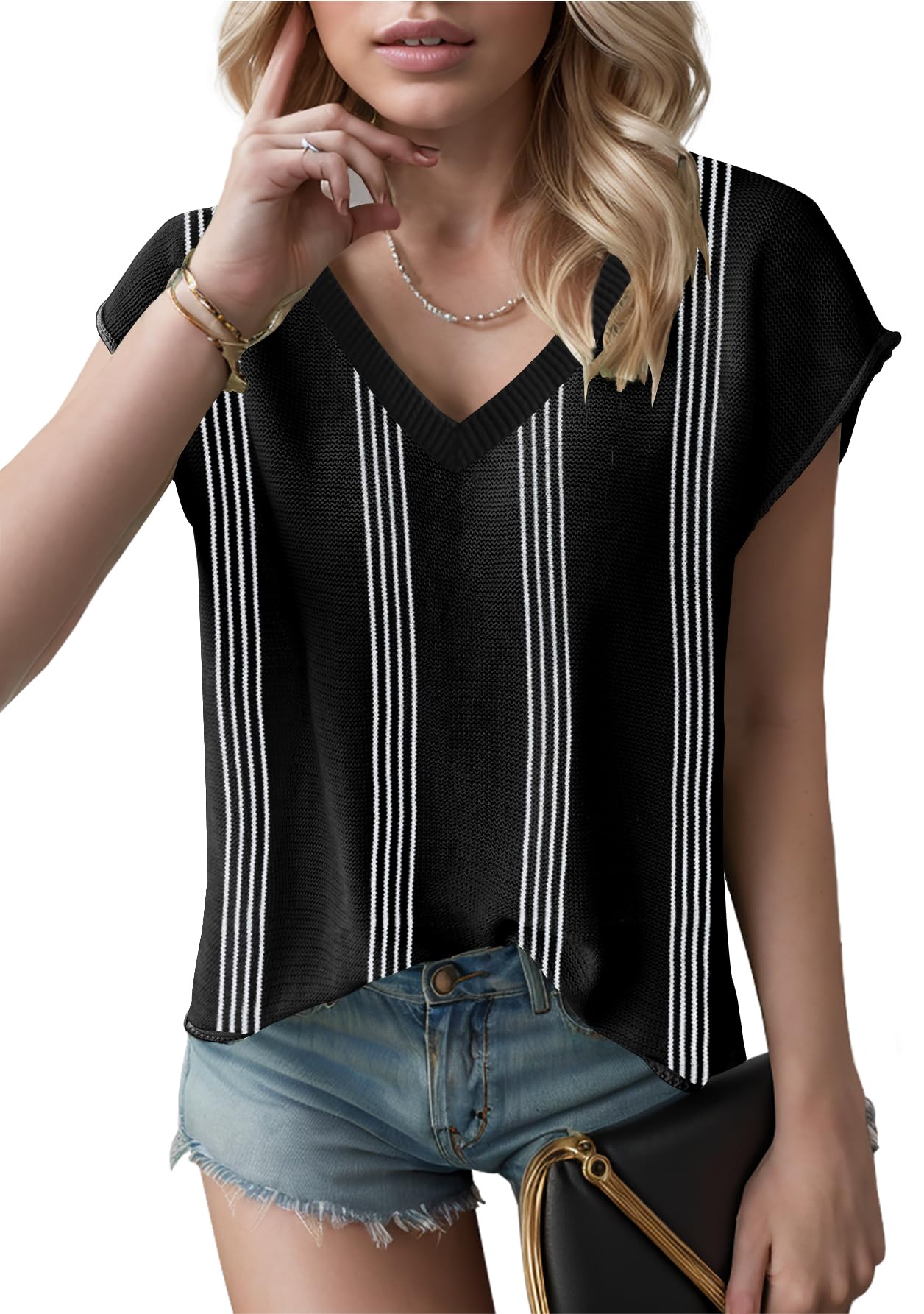 SAUKOLE Women's Sleeveless Sweater Vest Casual V Neck Cap Sleeve Knit Pullover Tank Tops 2024 Spring Clothes