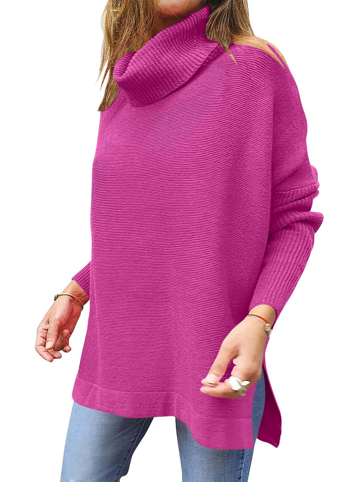 Caracilia Women's Turtleneck Oversized Sweaters 2024 Fall Long Batwing Sleeve Spilt Hem Tunic Pullover Sweater Knit Tops