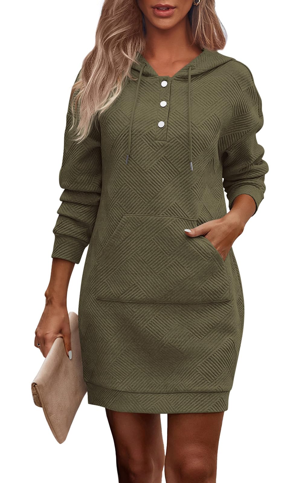 PRETTYGARDEN Long Sleeve Hoodies Dress 2024 Fall Trendy Texture Sweatshirts Outfits Button Hooded Dresses With Pockets